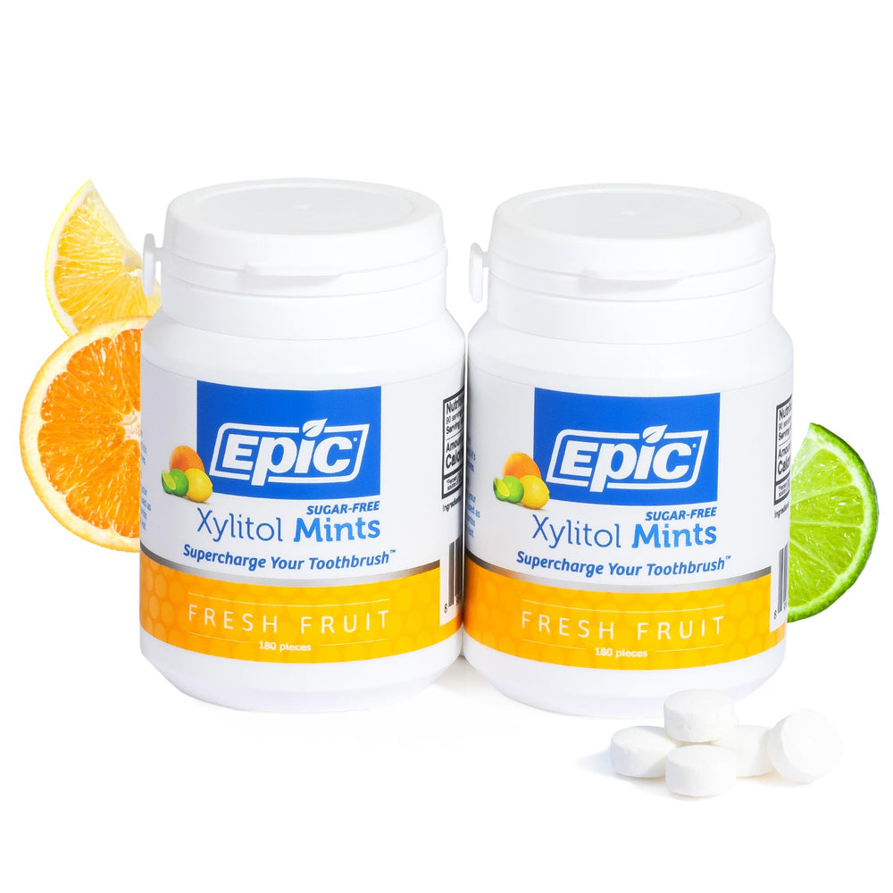 Epic 100% Xylitol Mints pack front shows a refreshing breath option