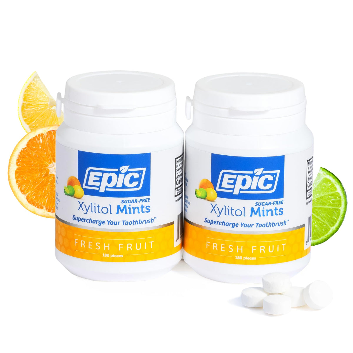 Epic 100% Xylitol Mints pack front shows a refreshing breath option