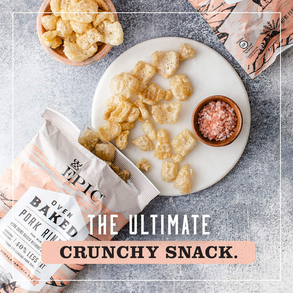 EPIC Pink Himalayan Salt Pork Rinds closeup texture highlights crunchy rind.