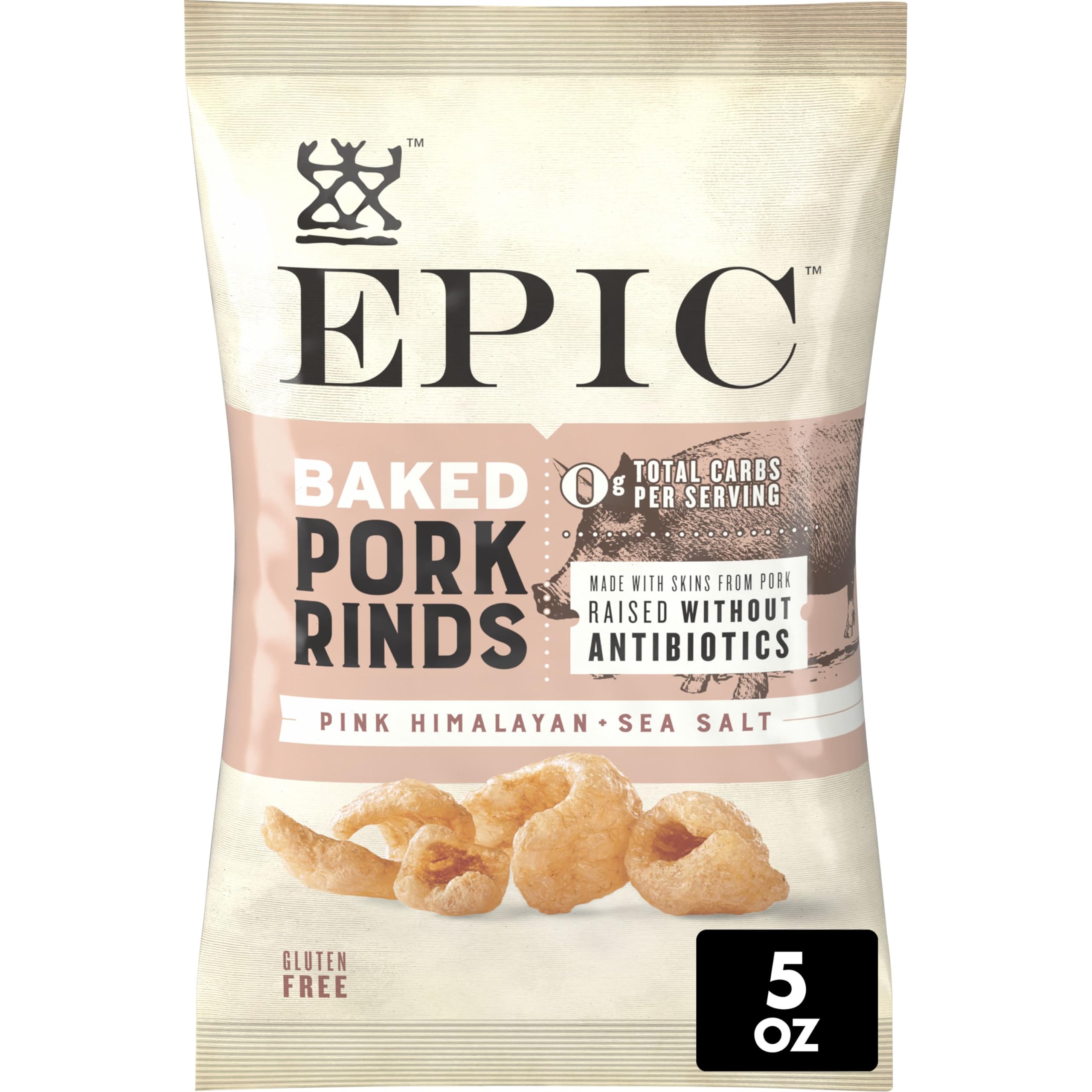 EPIC Pink Himalayan Sea Salt baked pork rinds in a bag showing crispy texture and protein kick.
