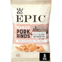 EPIC Pink Himalayan Sea Salt baked pork rinds in a bag showing crispy texture and protein kick.