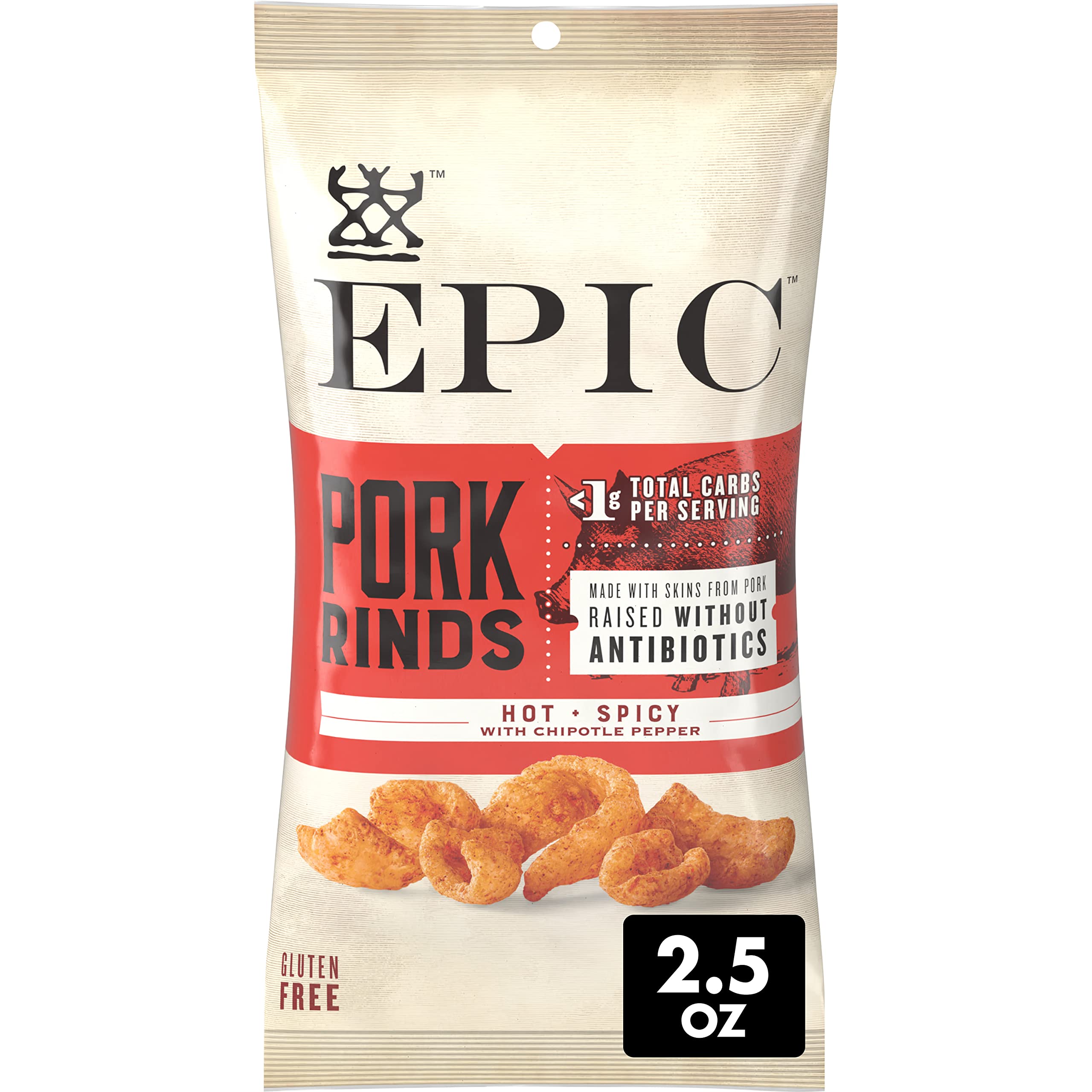 Epic Pork Rinds Hot and Spicy Chipotle Pepper bag shows bold keto-friendly crunch.