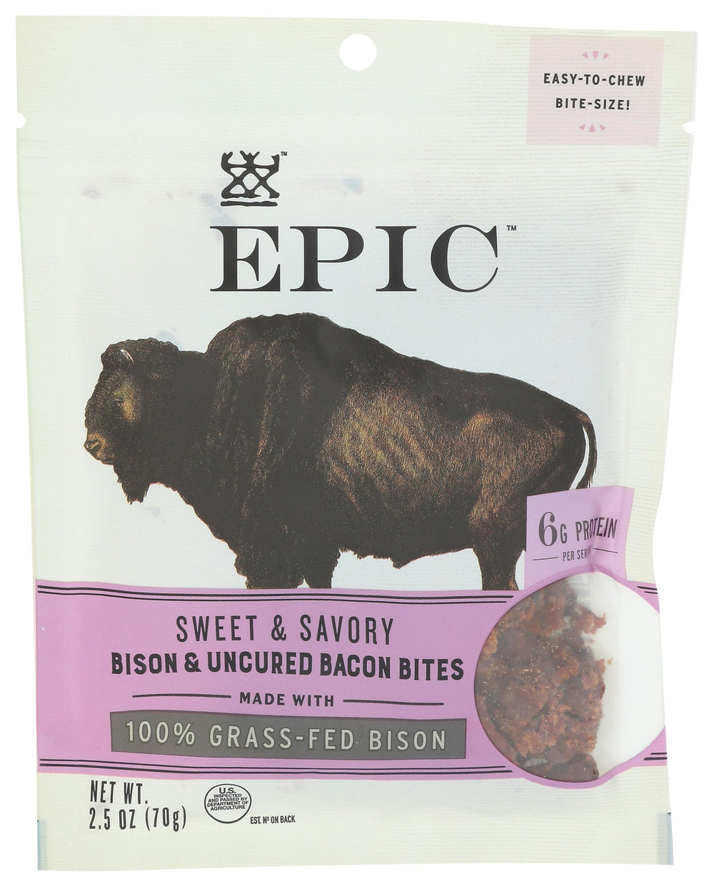 Epic Protein Bites packaging shows a portable 2.5-ounce box for on-the-go snacking.