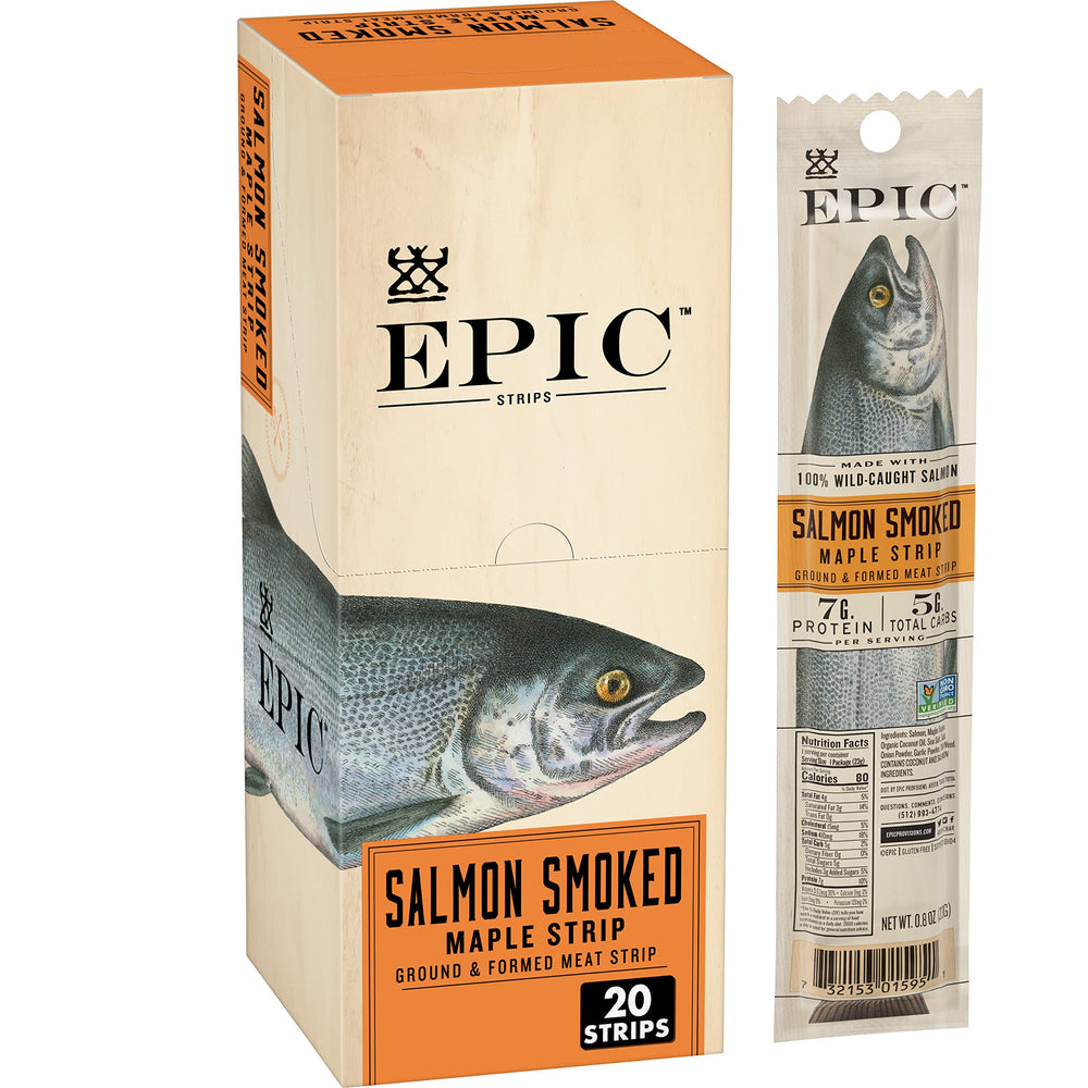 EPIC Salmon Smoked Maple Strips packaging shown for quick grab-and-go snack