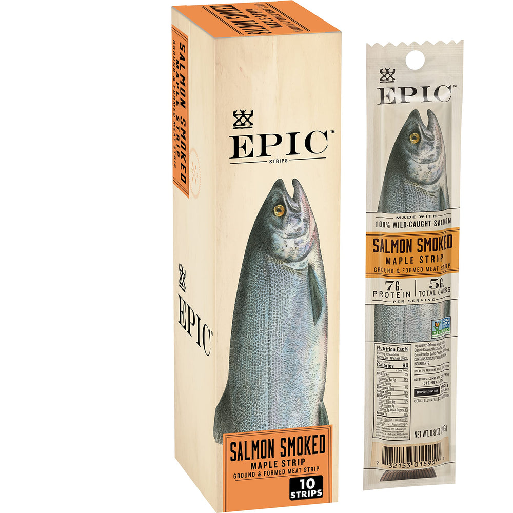 EPIC Smoked Salmon Snack Strips packaging highlights portability and protein-rich on-the-go option