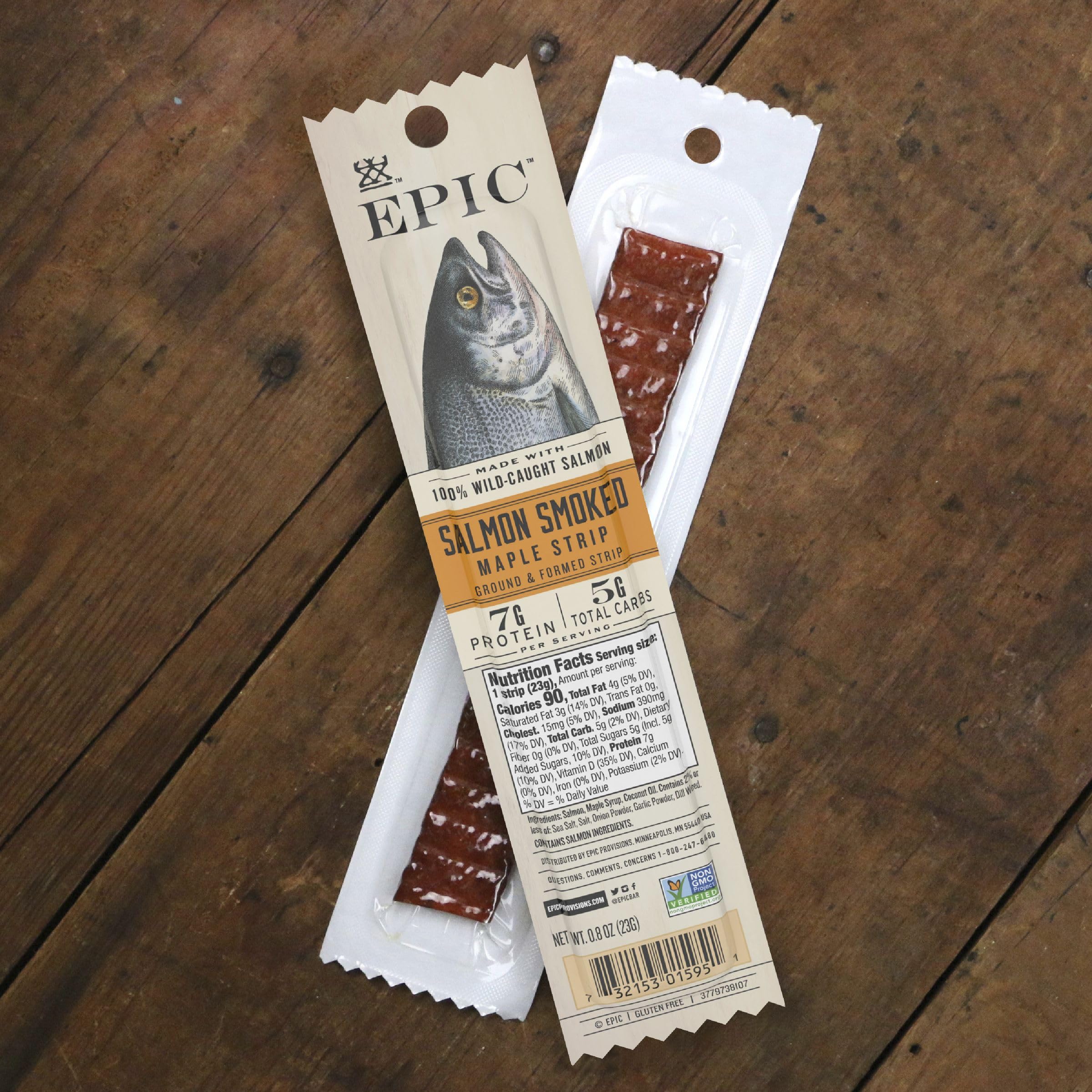 EPIC Smoked Salmon Snack Strip Paleo Gluten-Free label signals dietary compatibility