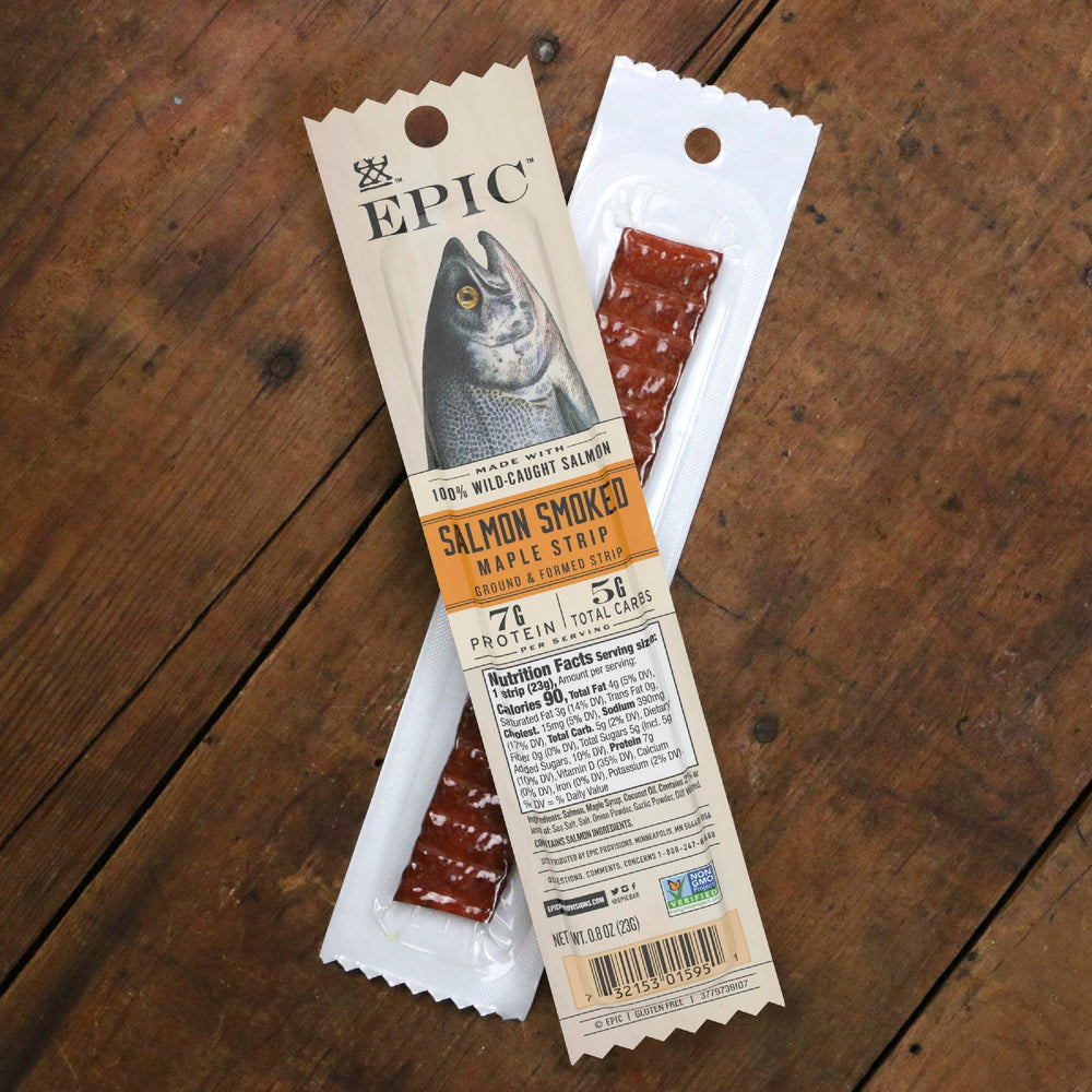 EPIC Smoked Salmon Snack Strip Paleo Gluten-Free label signals dietary compatibility