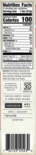 EPIC Sriracha Chicken Bar nutrition label highlights 11g protein per bar