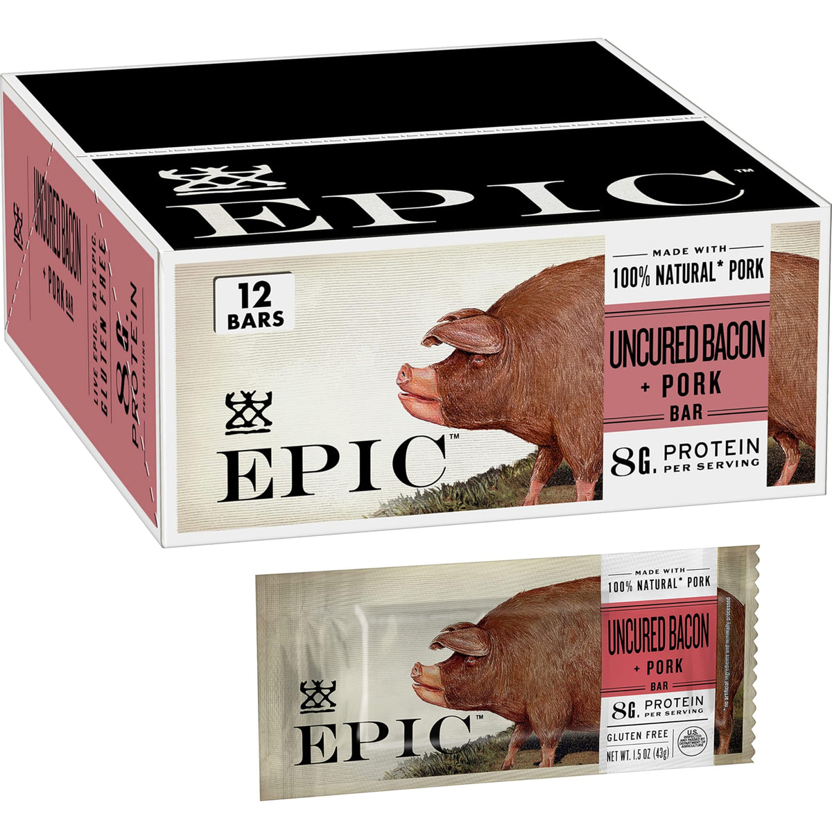 Epic Uncured Bacon Bar packaging shows a convenient 12-bar box for on-the-go protein.