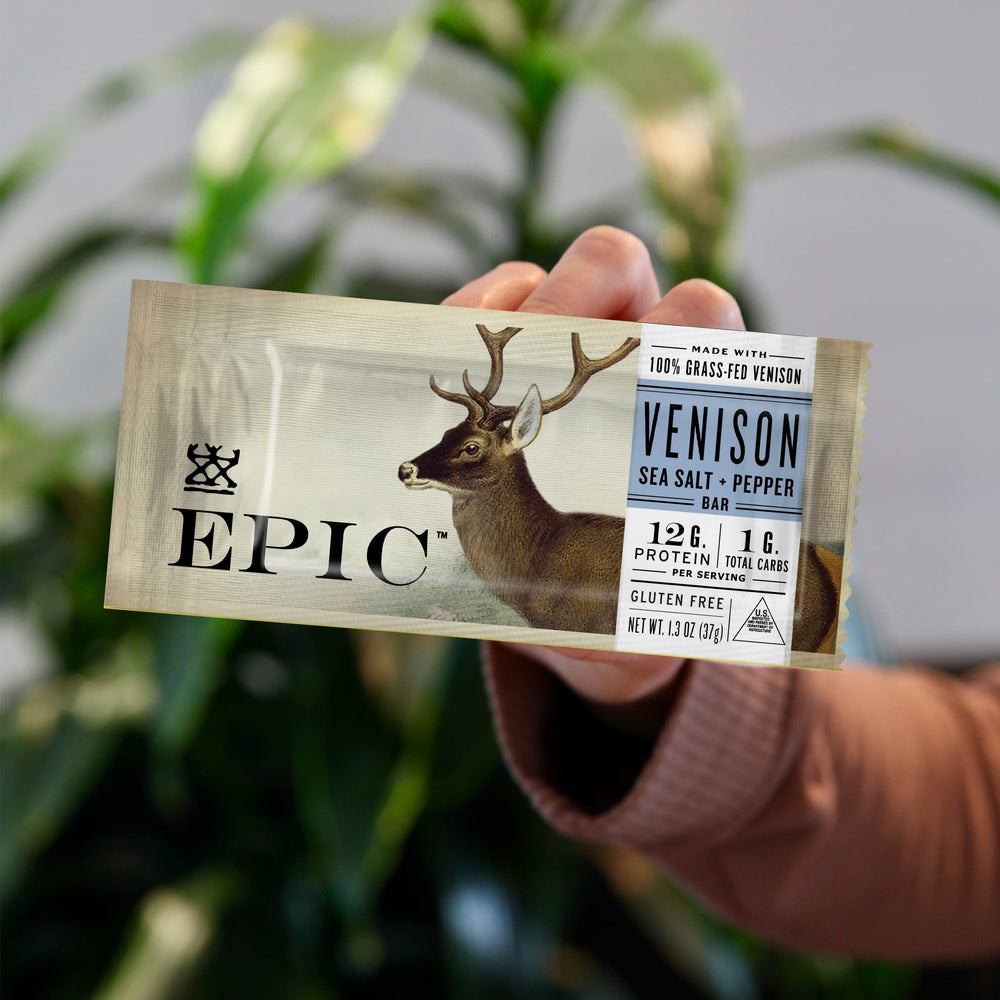 Twelve-bar 12-count EPIC venison bar pack for travel.
