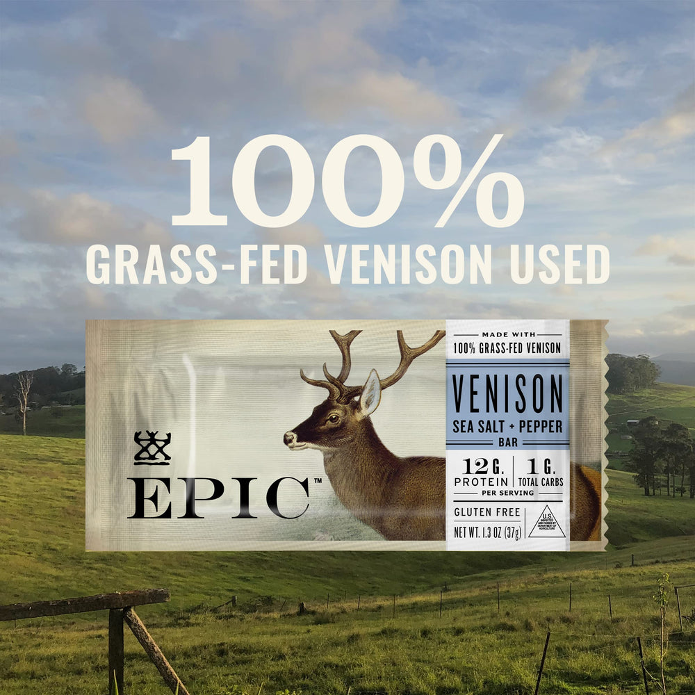 EPIC venison sea salt and pepper bar package in view.