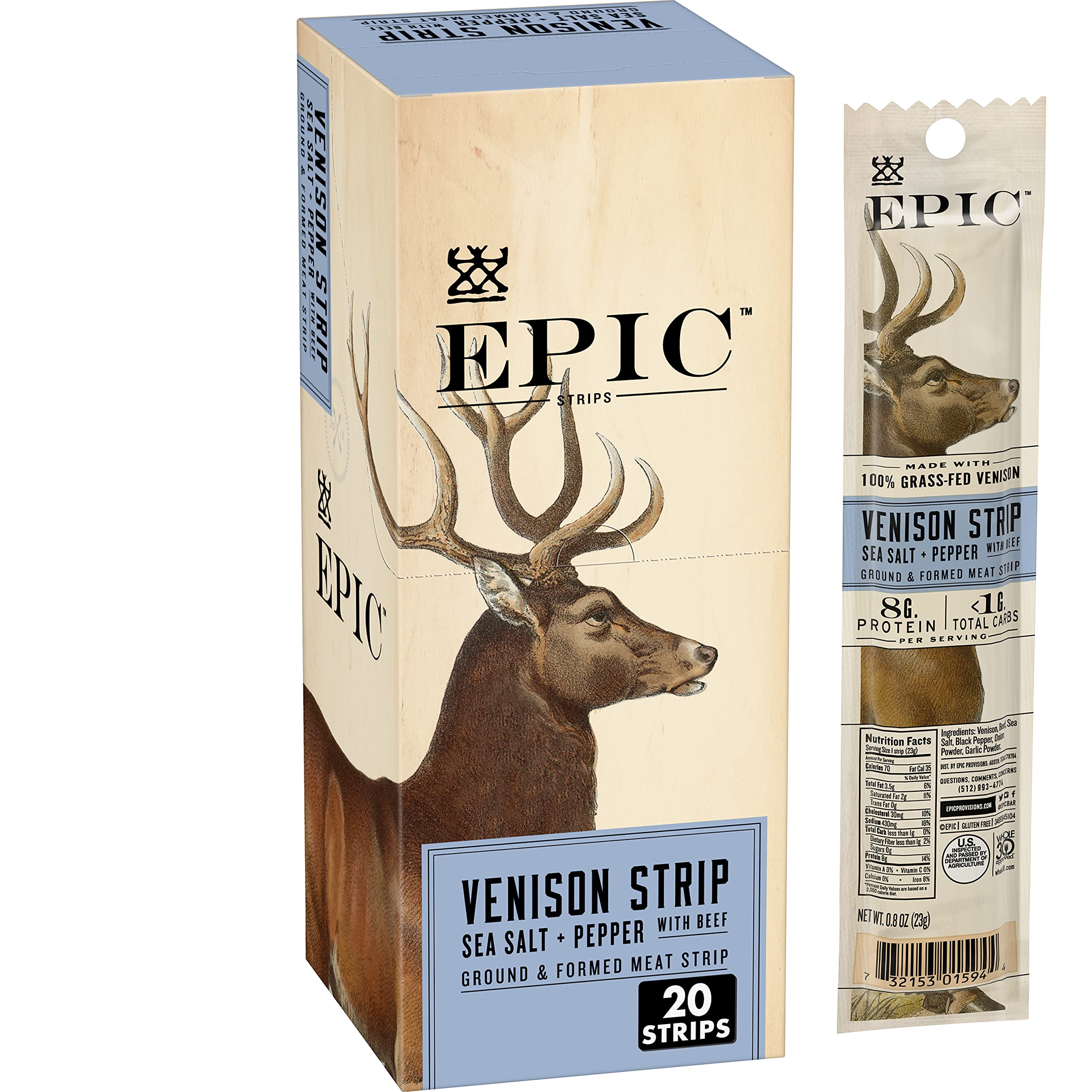 EPIC Venison Strips with Beef box highlighting sea salt and pepper flavor for on-the-go protein