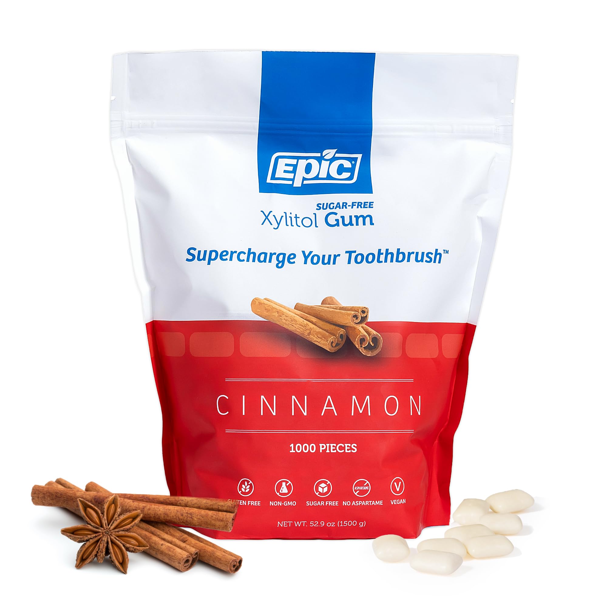 Epic Xylitol Cinnamon Gum pack showing sugar-free breath freshness