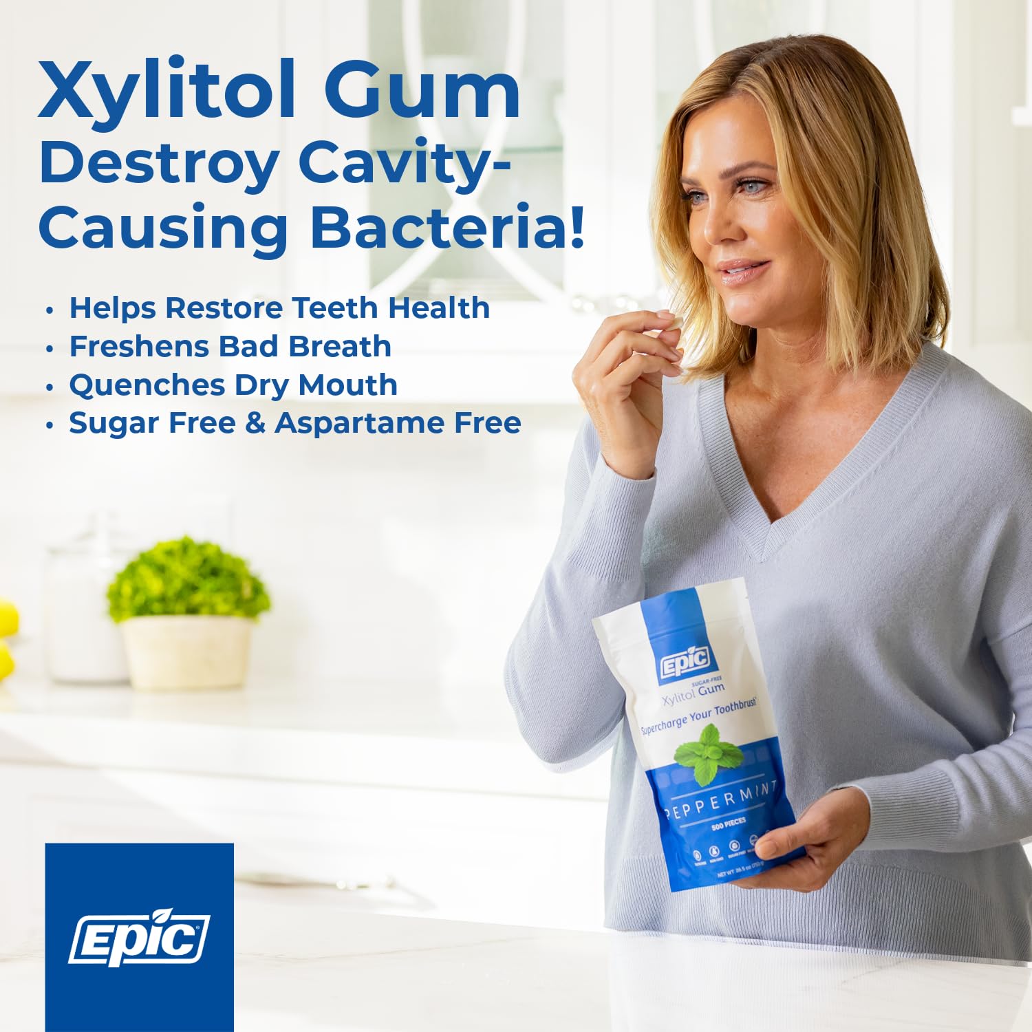 Epic xylitol cinnamon gum per-piece close-up highlights clean ingredients for daily use