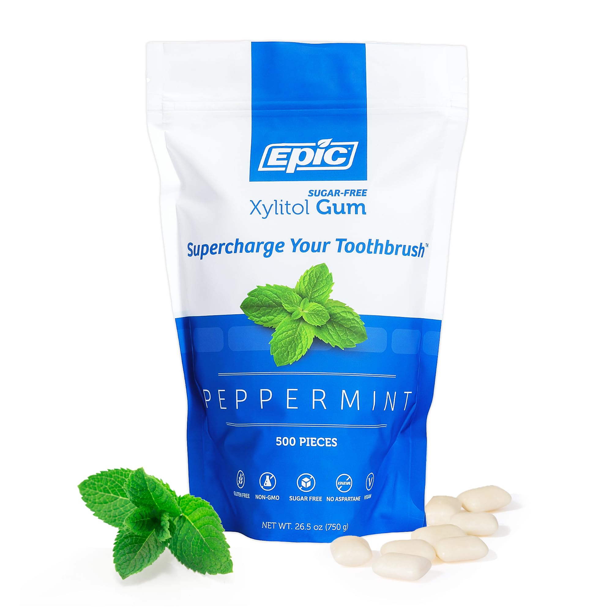 Epic Xylitol Gum peppermint piece promotes long-lasting fresh breath.
