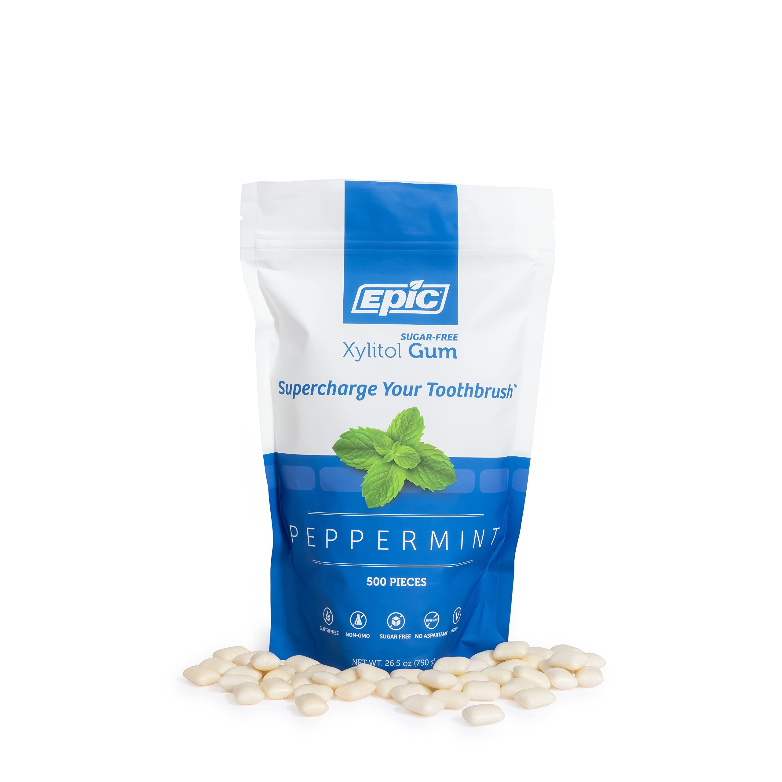 Epic Xylitol Gum seven flavors display including peppermint option.