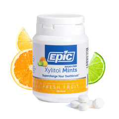Epic Xylitol Mints packaging shows fruit flavor and sugar-free freshness.
