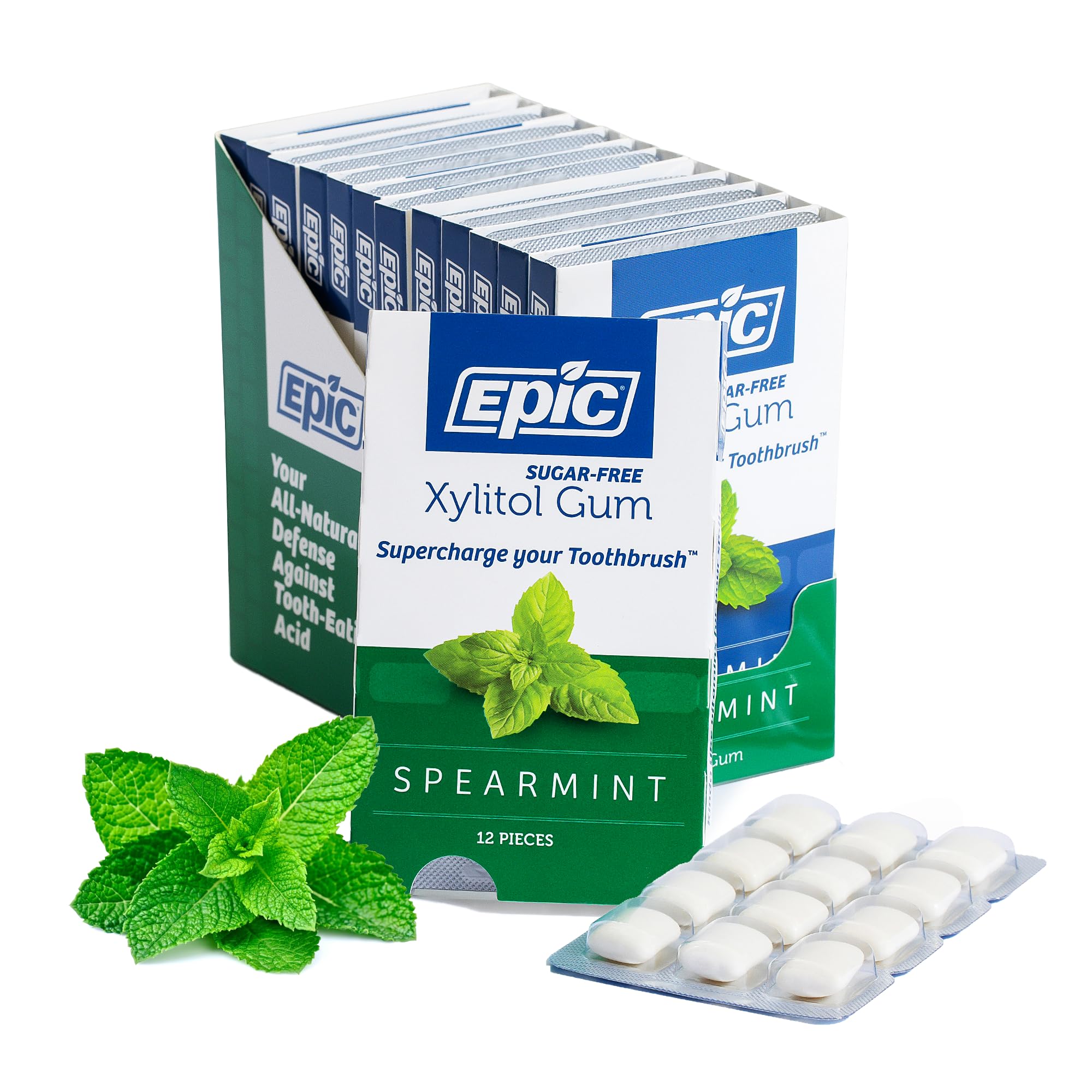 Epic Xylitol Spearmint Gum pack of 12 pieces for fresh breath and daily care.