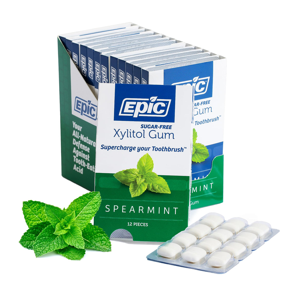 Epic Xylitol Spearmint Gum pack of 12 pieces for fresh breath and daily care.