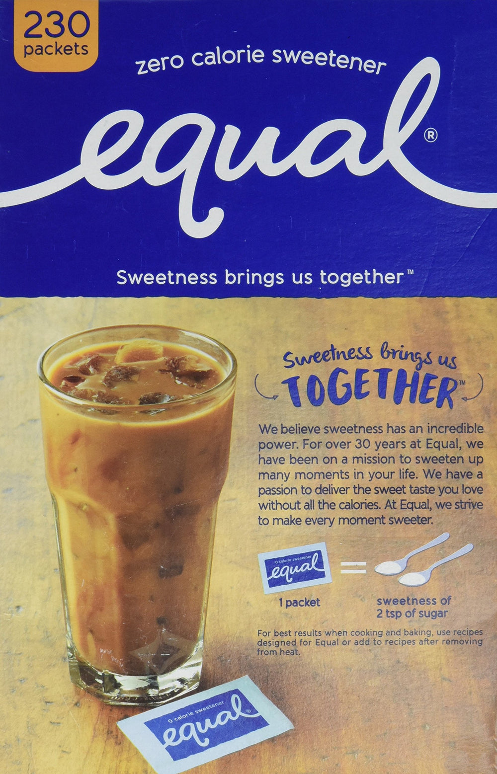 Equal 230-count packaged sweetener box, ready for pantry storage.