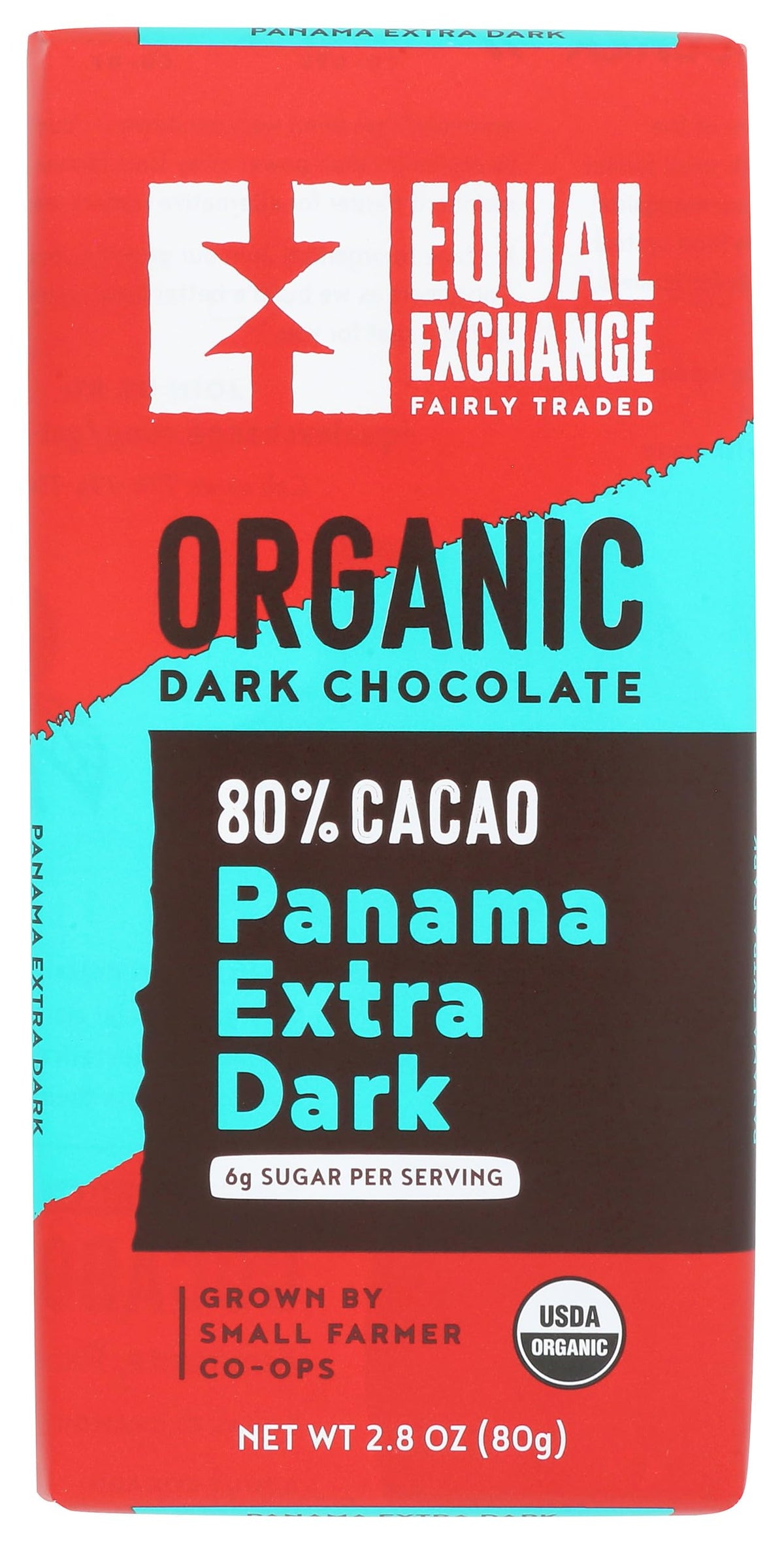 Equal Exchange Panama Extra Dark bar on a wooden surface highlighting rich cacao aroma