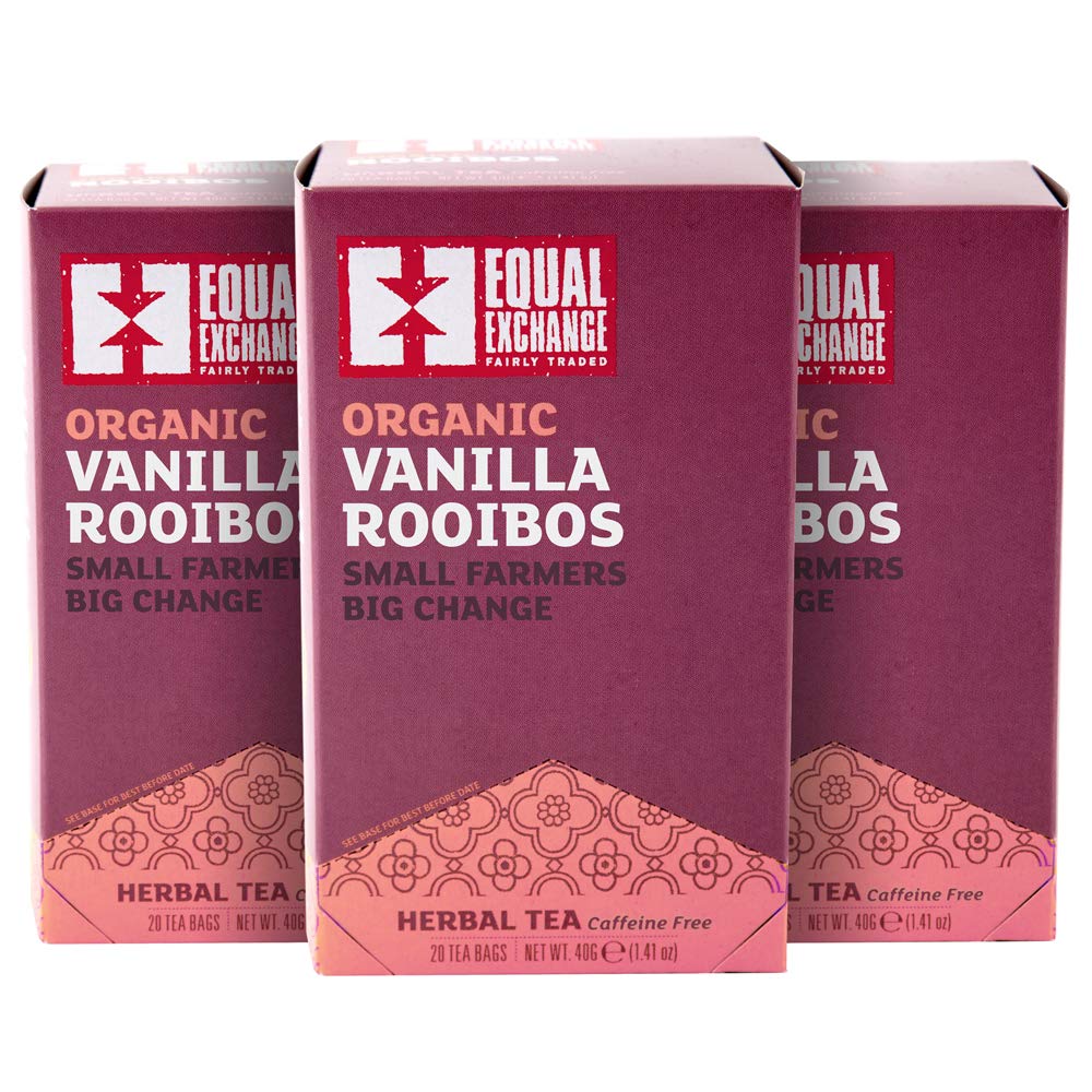 Equal Exchange Vanilla Rooibos tea 60-count pack front view, caffeine-free option.