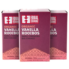 Equal Exchange Vanilla Rooibos tea 60-count pack front view, caffeine-free option.