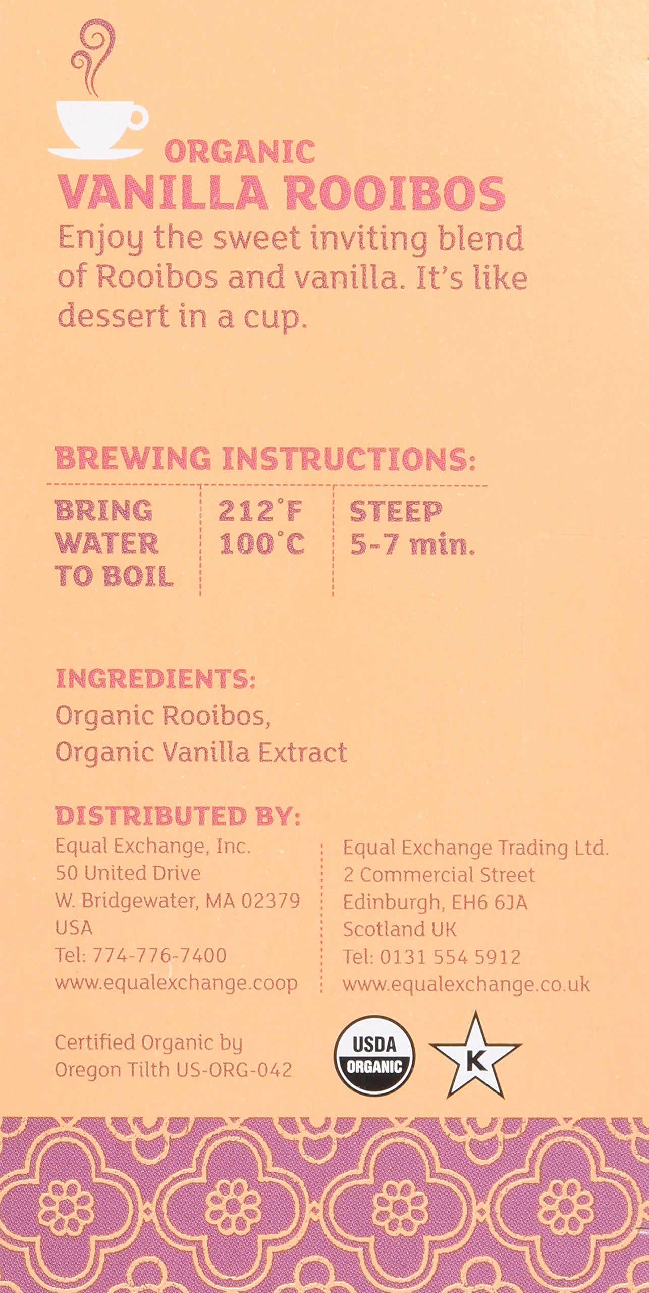 Equal Exchange Vanilla Rooibos tea boxes side view highlighting sustainable sourcing.