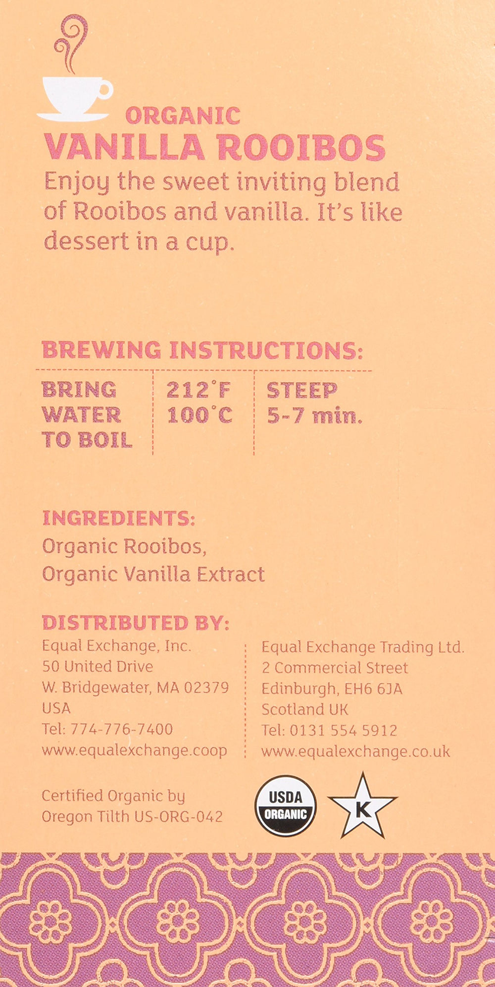Equal Exchange Vanilla Rooibos Tea in cup with steam and cozy aroma.