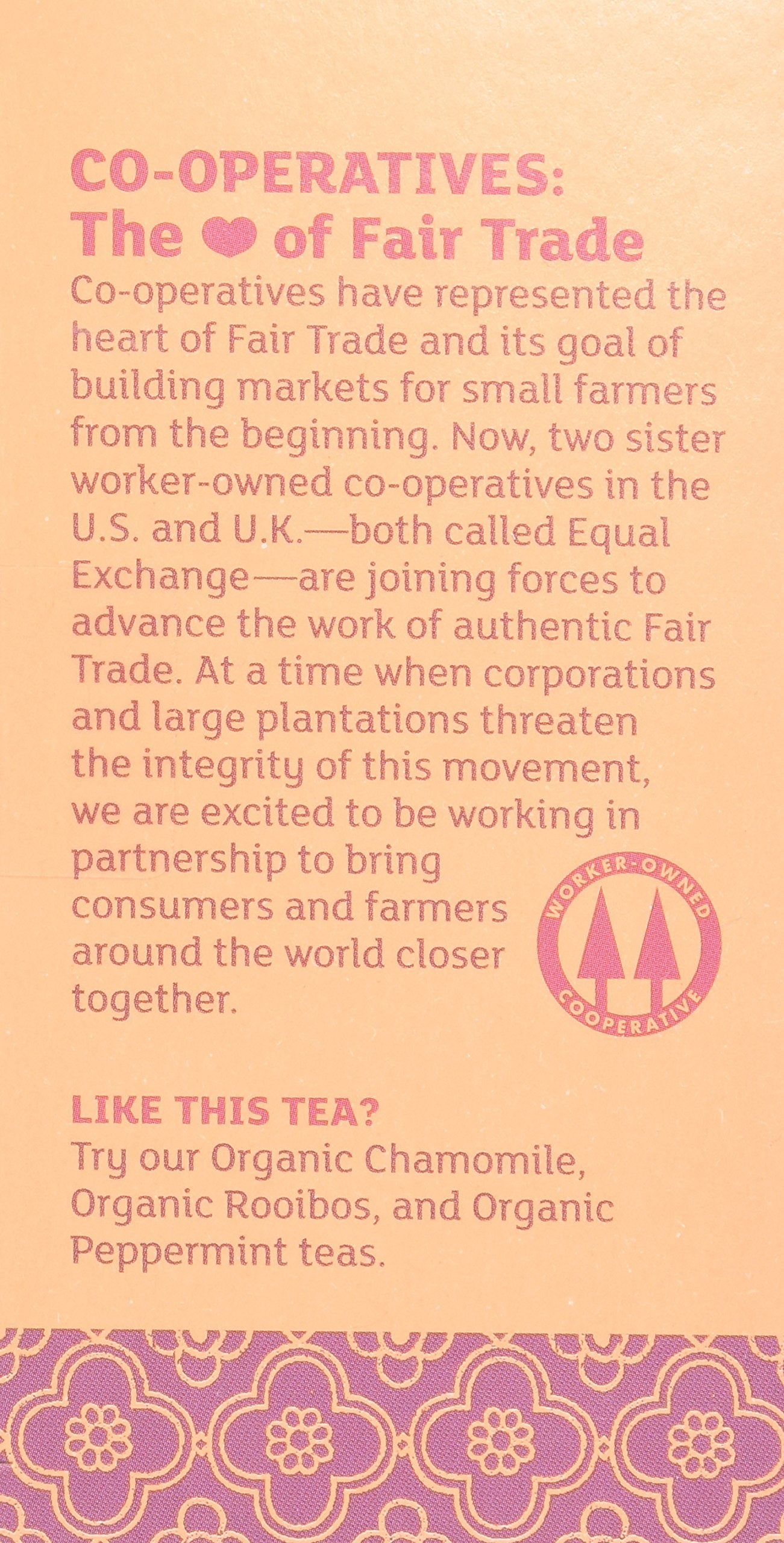 Equal Exchange Vanilla Rooibos Tea label highlights Fairly Traded and Kosher certification.