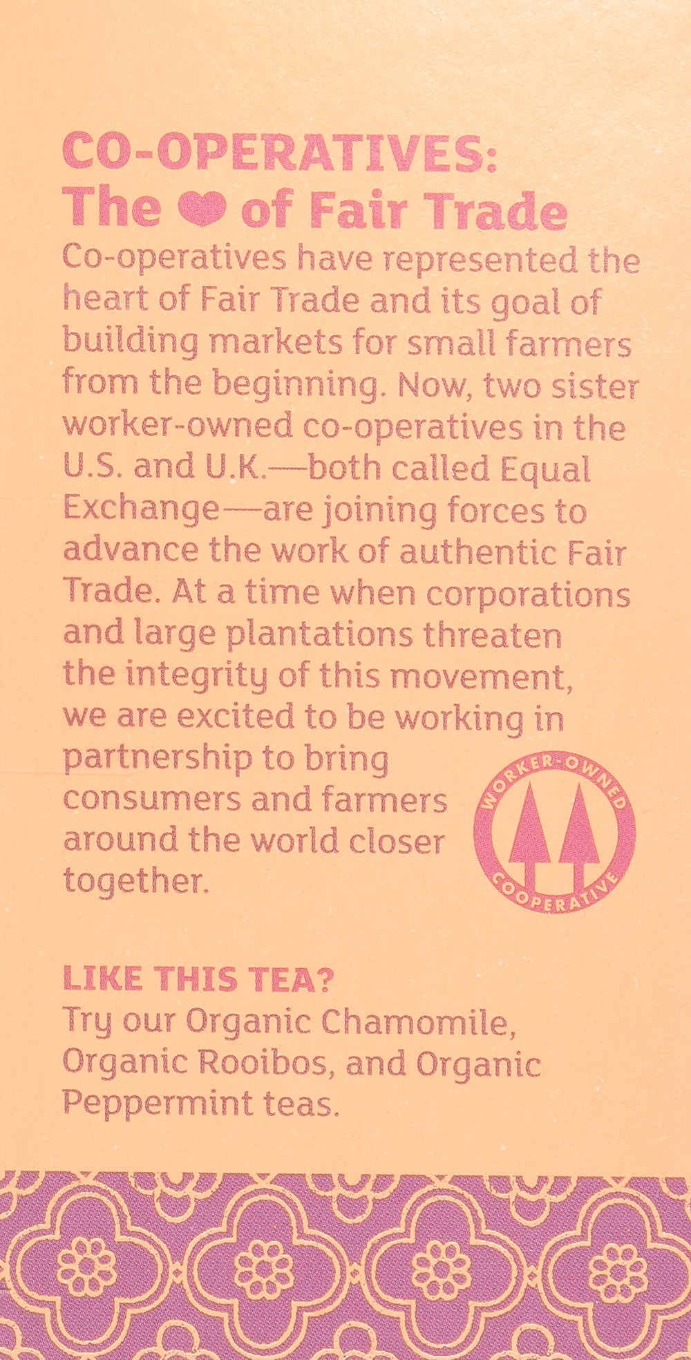 Equal Exchange Vanilla Rooibos Tea label highlights Fairly Traded and Kosher certification.