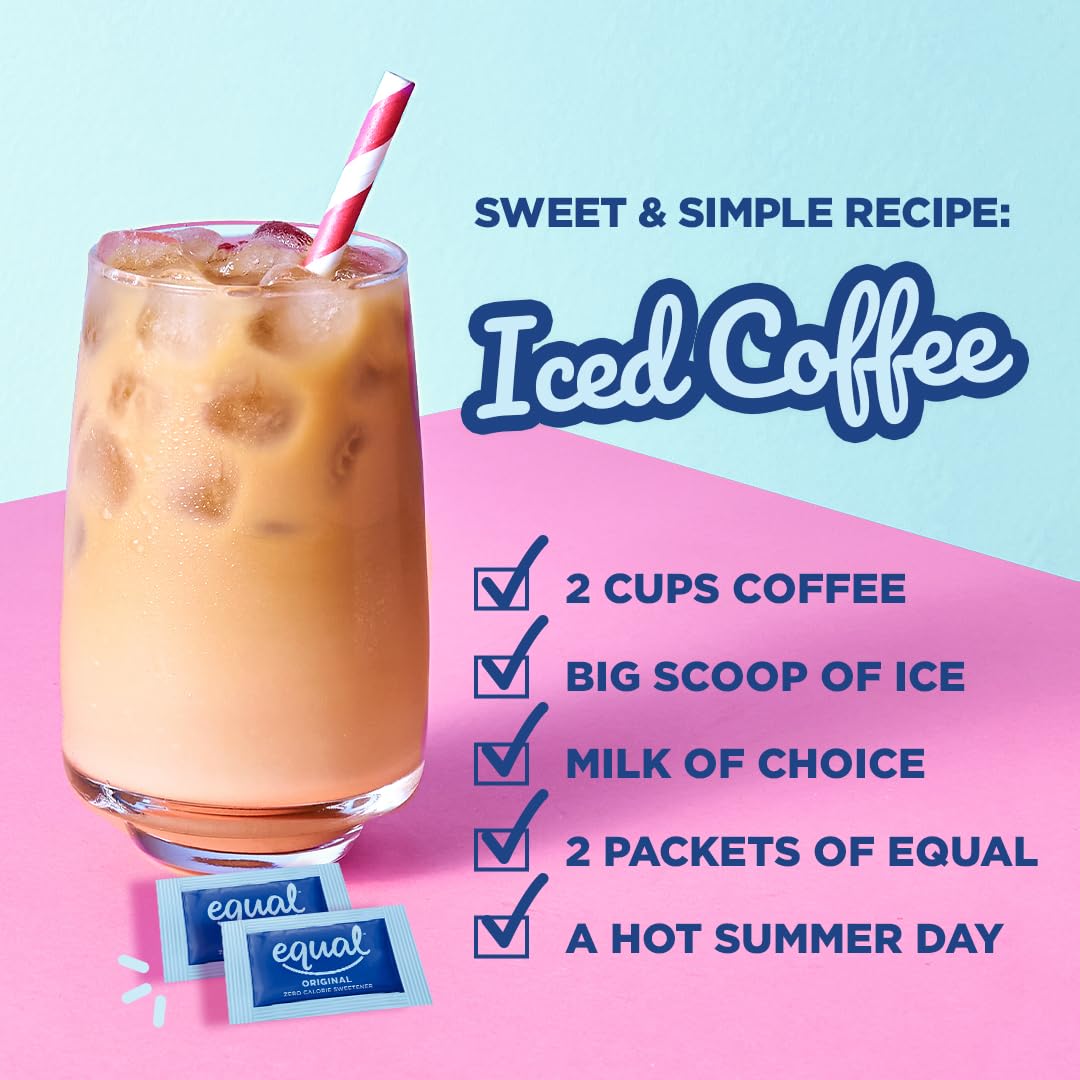 Equal pink zero calorie packets ready on the counter for everyday sweetness.