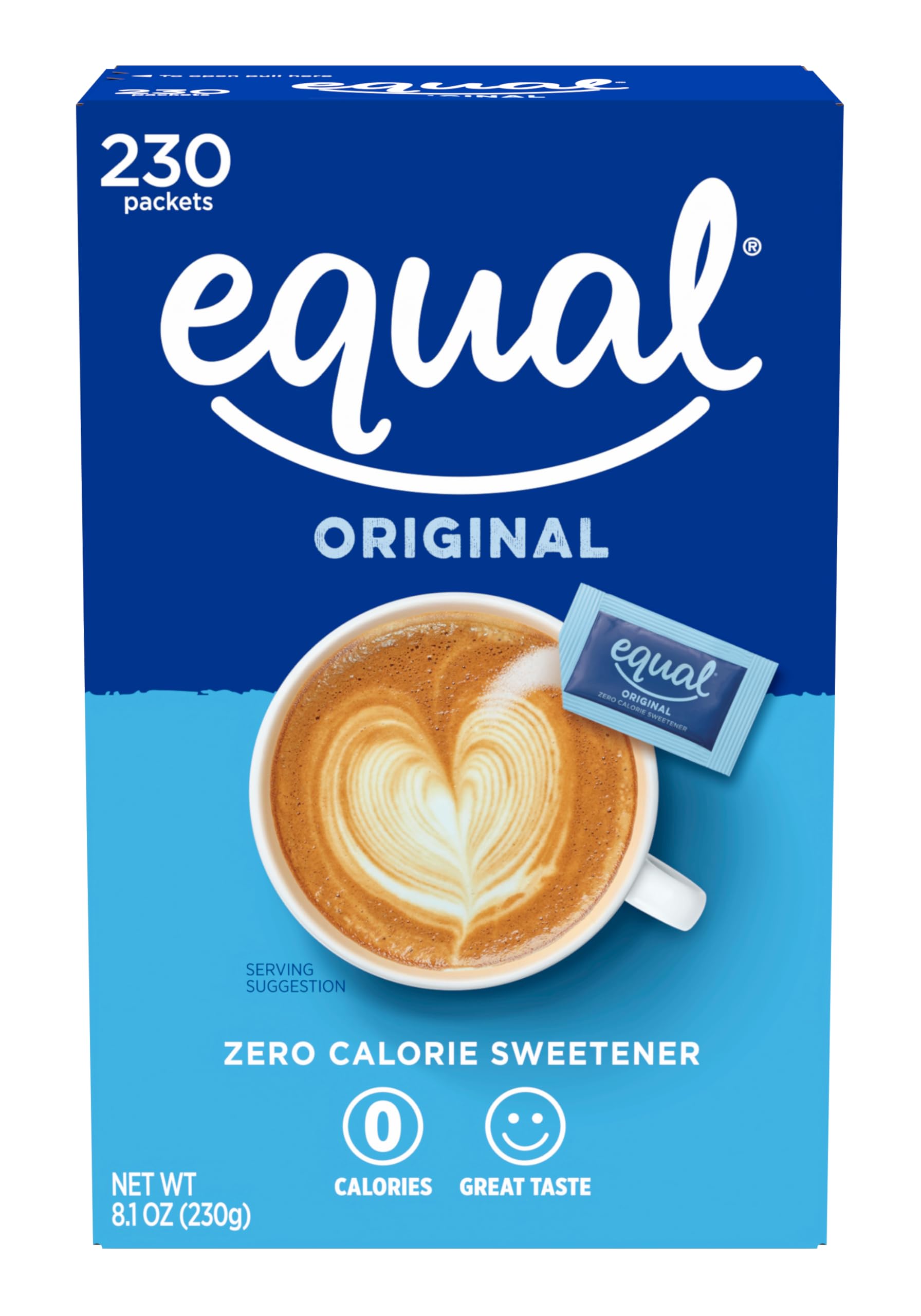 Equal sugar packets 230ct box front view for easy daily use.