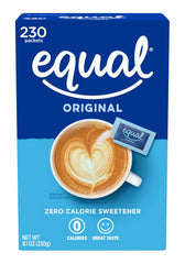 Equal sugar packets 230ct box front view for easy daily use.