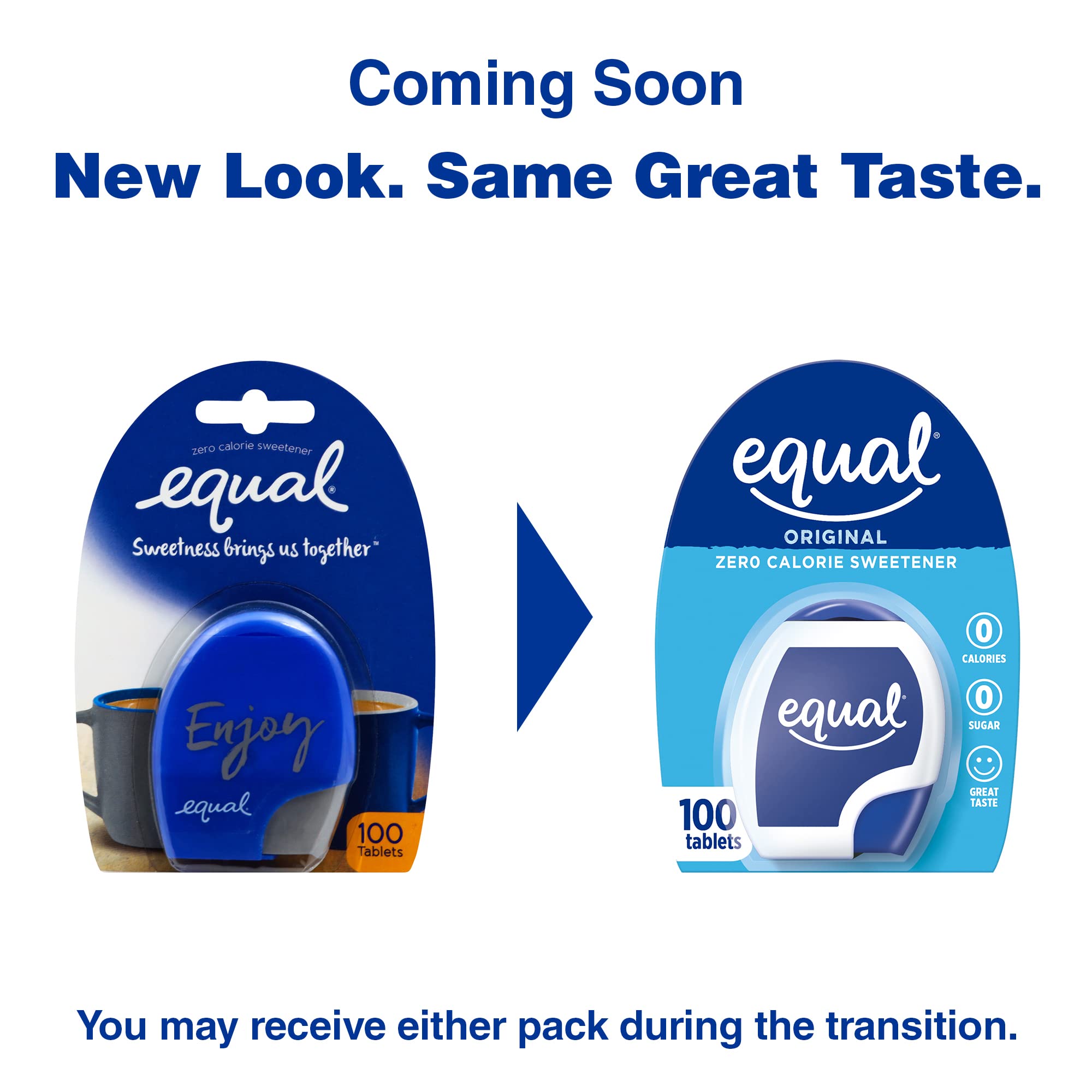 Compact EQUAL pack containing zero-calorie sugar substitute tablets.