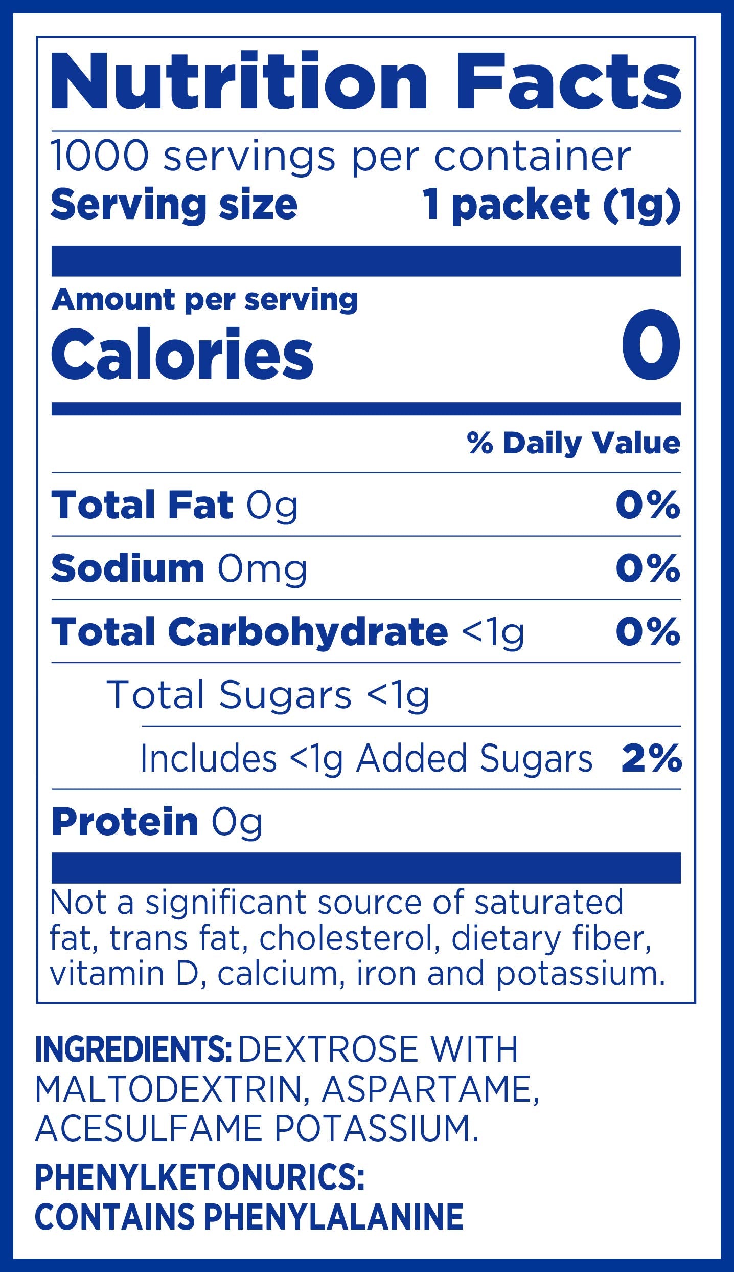 Equal zero-calorie packets back view, gluten-free and keto-friendly labeling for informed choices
