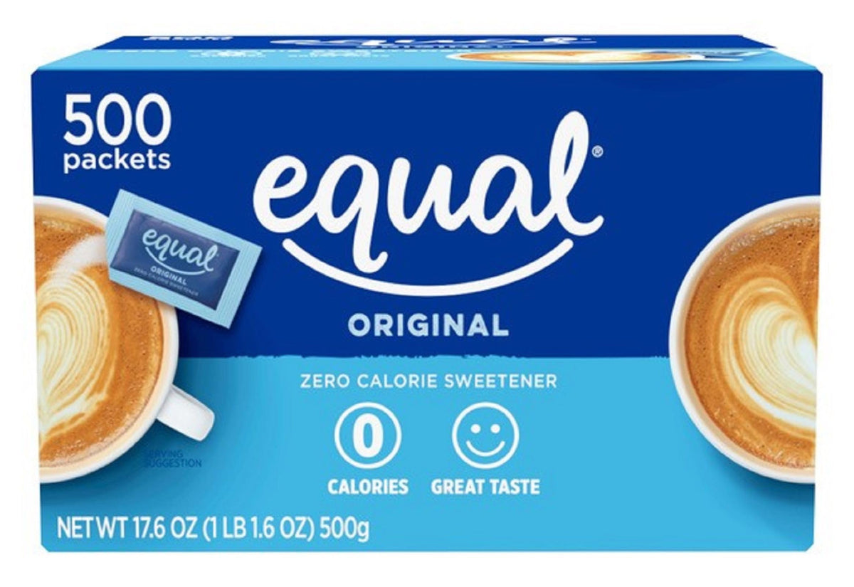 Equal zero-calorie sweetener packets, front view, convenient daily sweetness without calories
