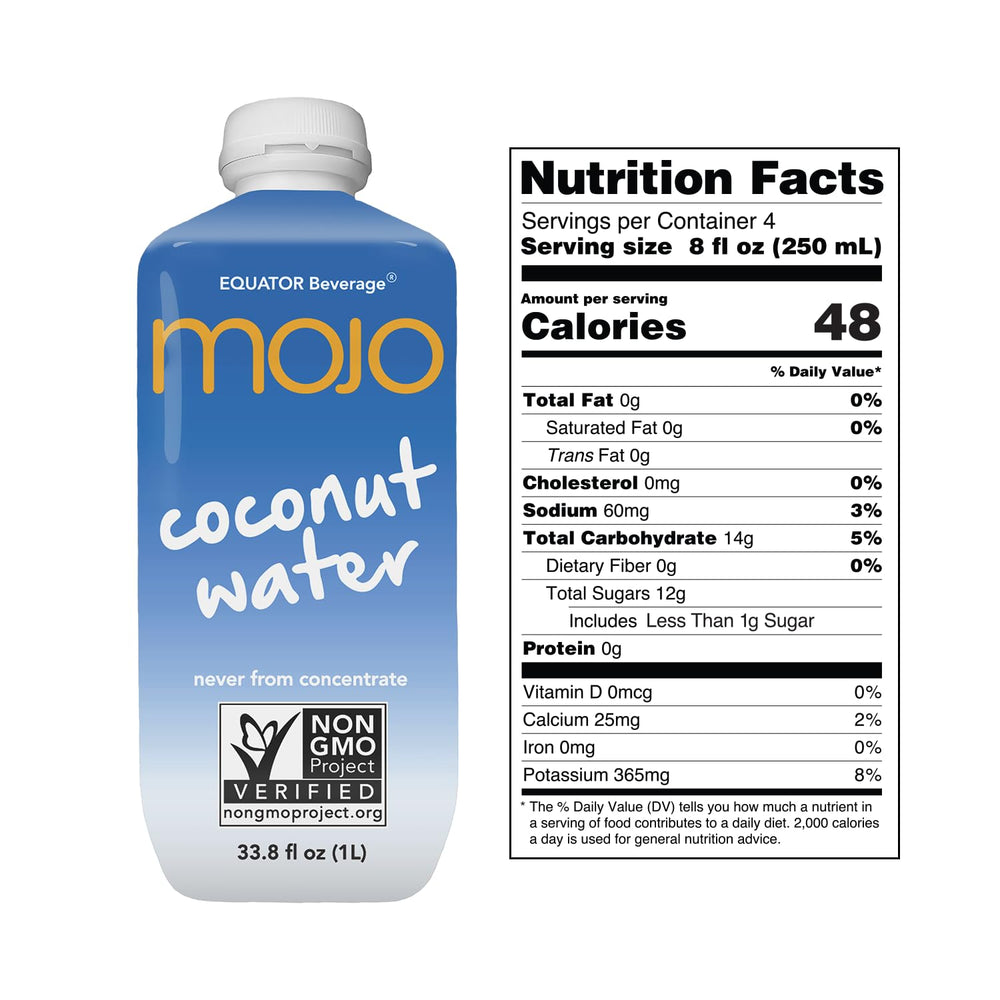 MOJO Coconut Water bottle label highlighting electrolyte-rich formula for quick recovery