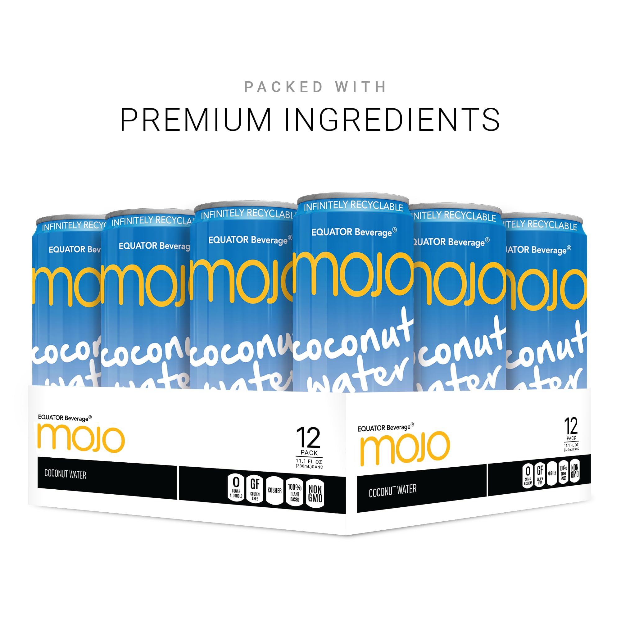 Equator MOJO Coconut Water label highlights 1043 mg electrolytes for fast hydration