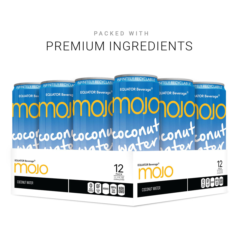 Equator MOJO Coconut Water label highlights 1043 mg electrolytes for fast hydration