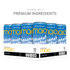 Equator MOJO Coconut Water label highlights 1043 mg electrolytes for fast hydration