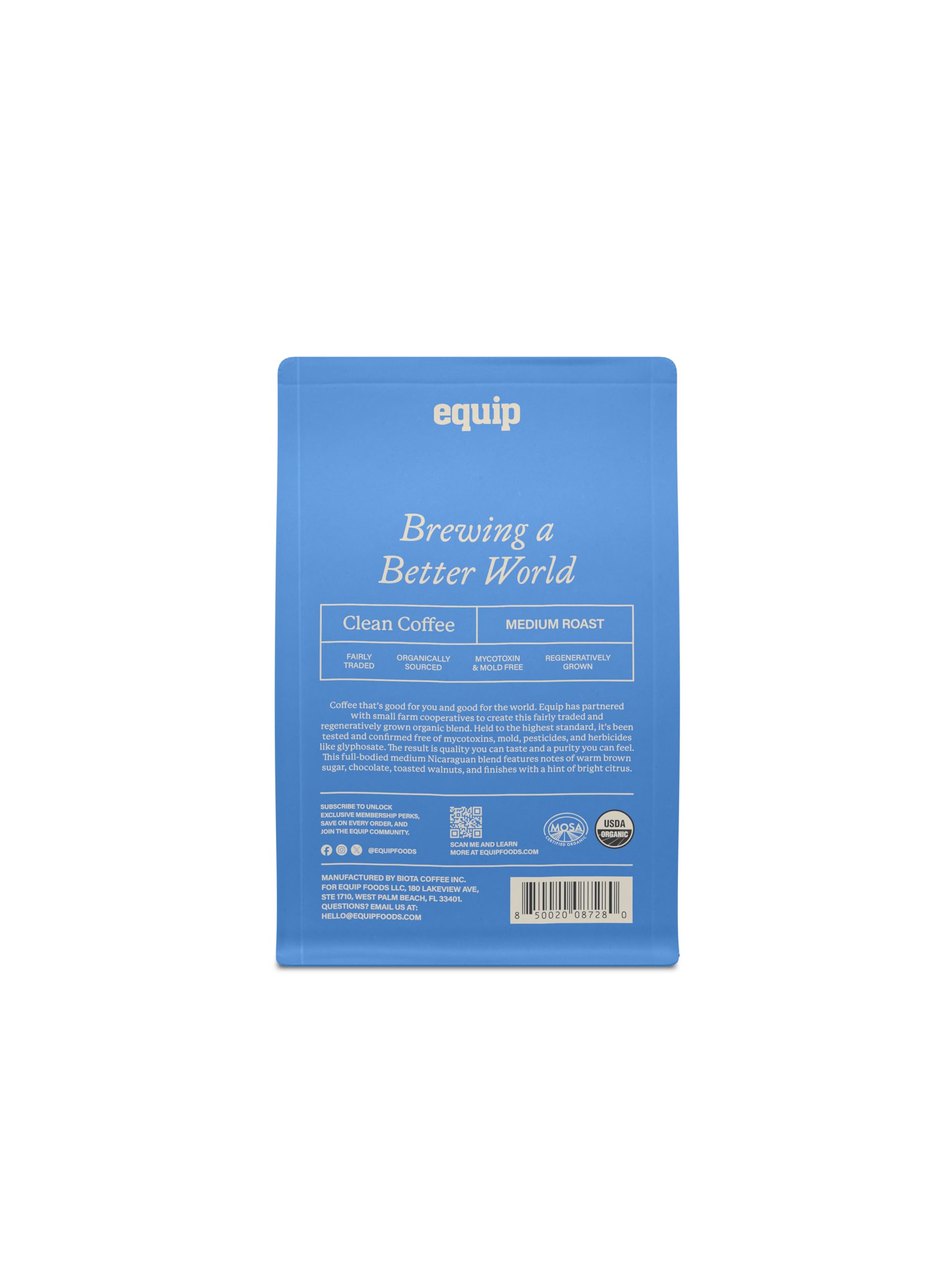 Equip Clean Coffee flavor notes of brown sugar, chocolate, and citrus in a balanced cup.