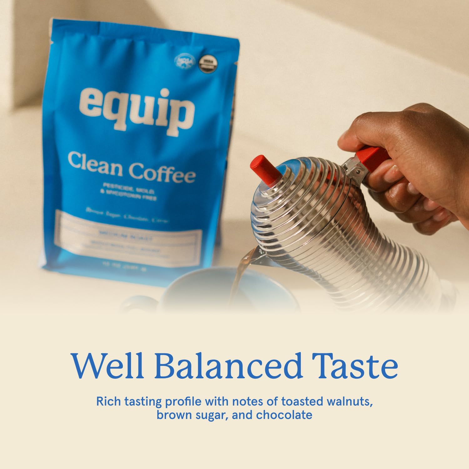 Equip Clean Coffee third-party tested for purity and mycotoxin-free assurance.