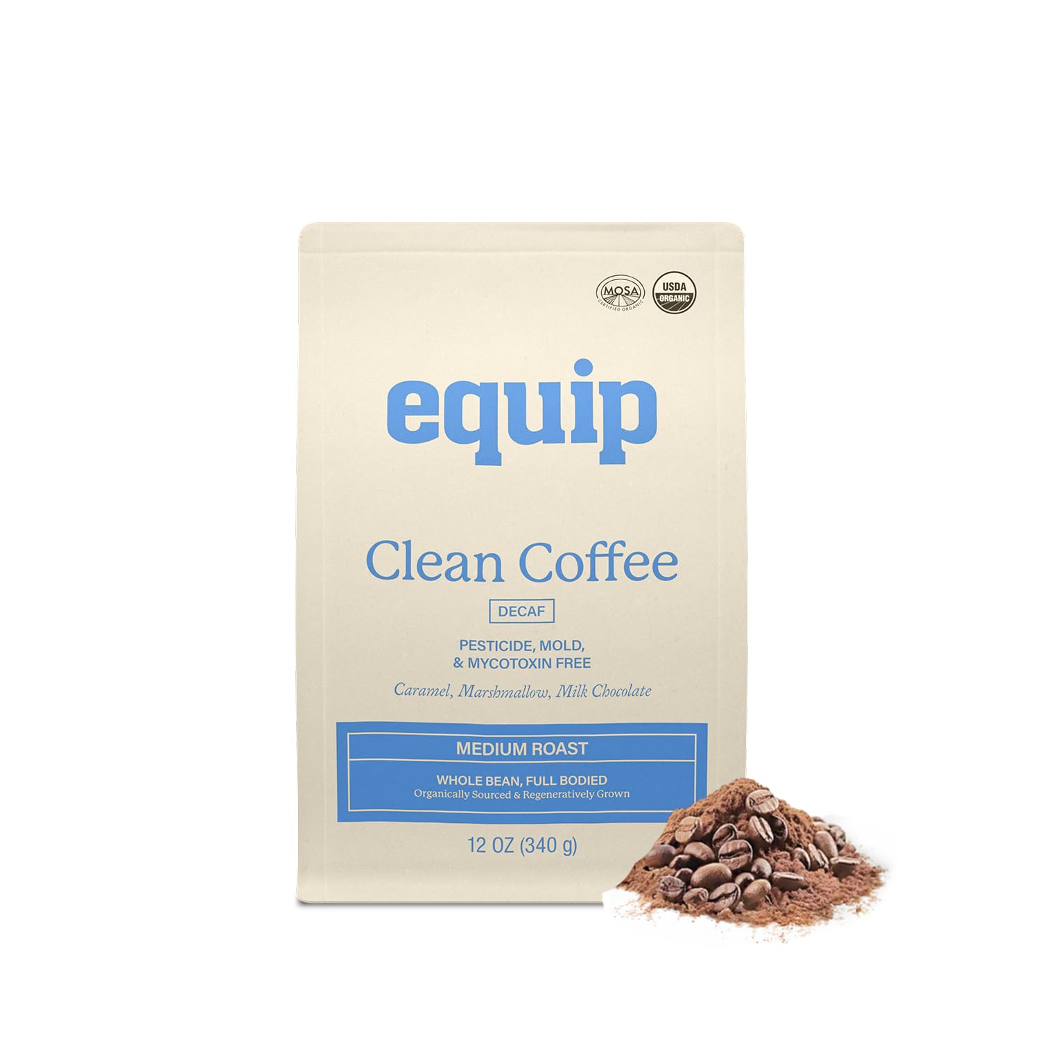 Equip Decaf Clean Coffee bag shows premium packaging for a caffeine-friendly cup