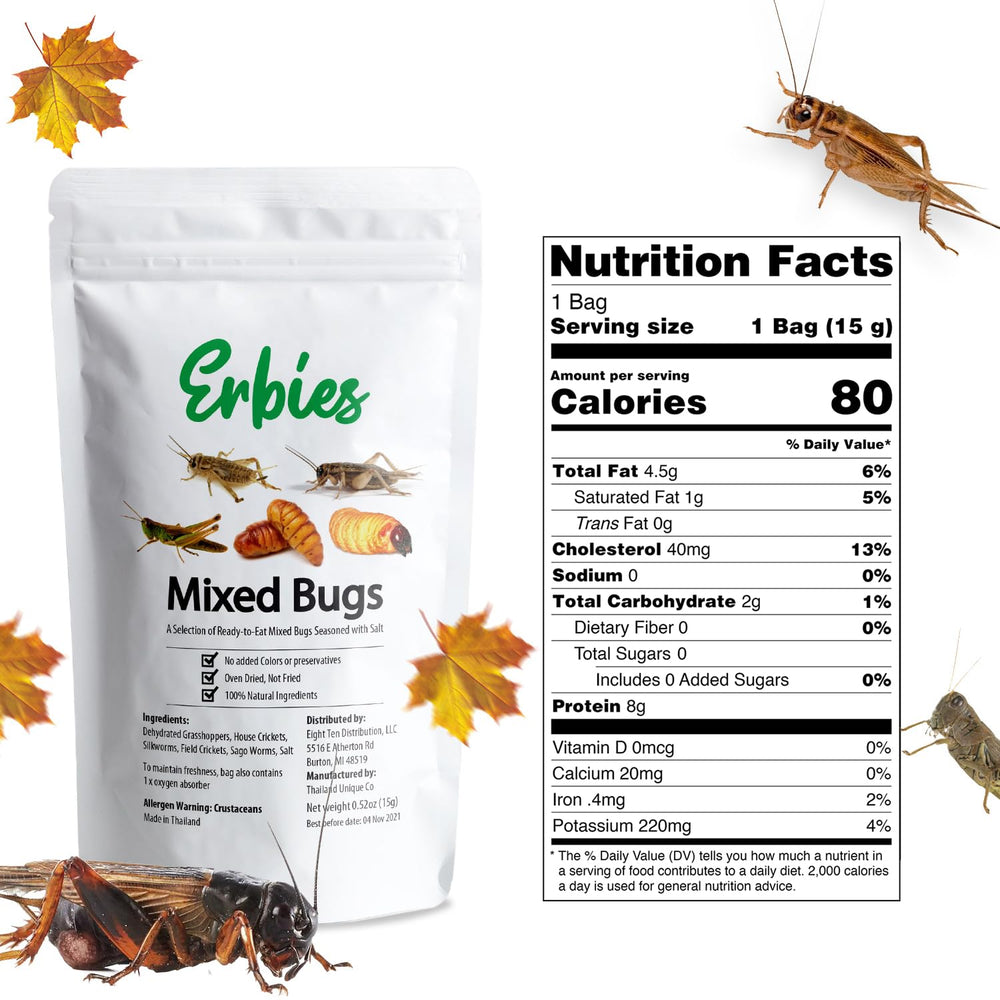 Erbies seasoned crickets and grasshoppers deliver a crunchy, savory bite.
