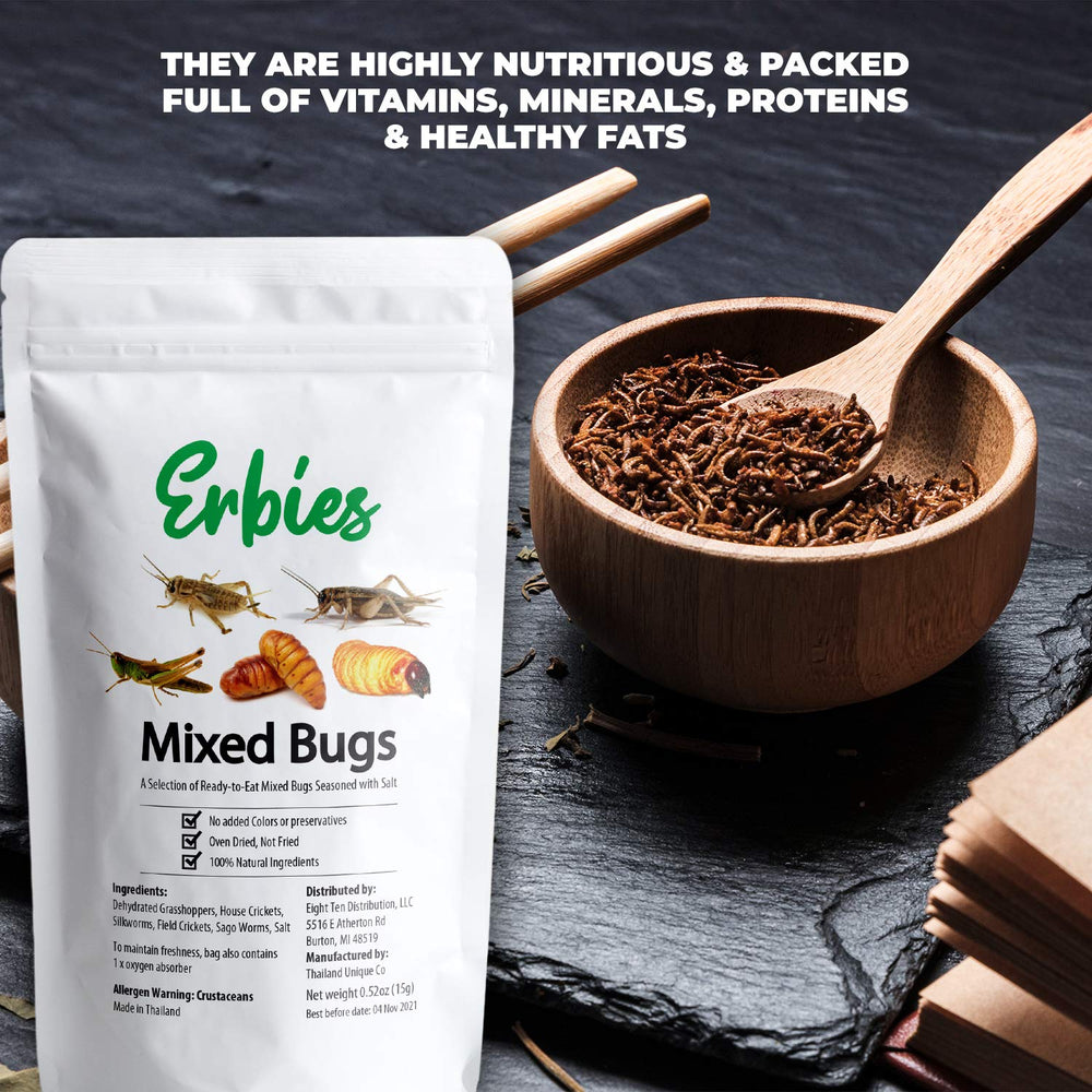 Erbies silkworm pupae and sago worms present bold textures and unique flavors.