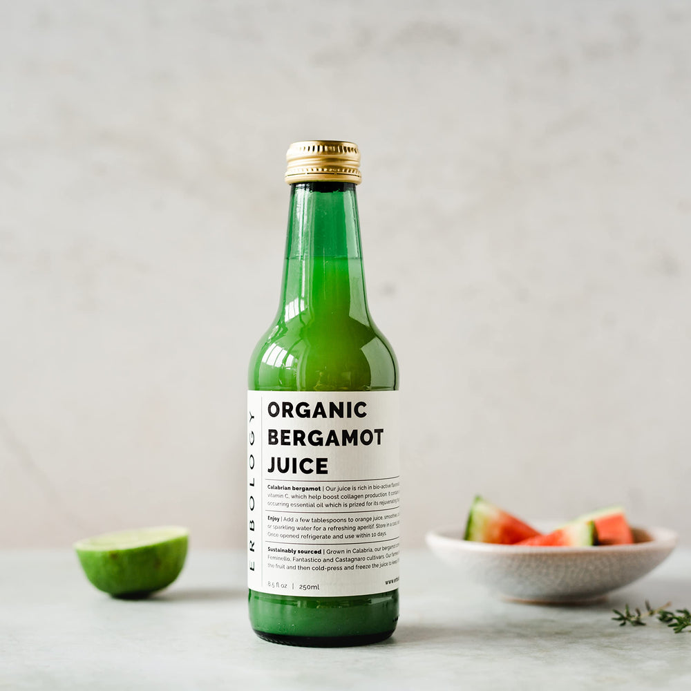 Erbology bergamot juice glass tasting highlights refreshing citrus notes for sipping