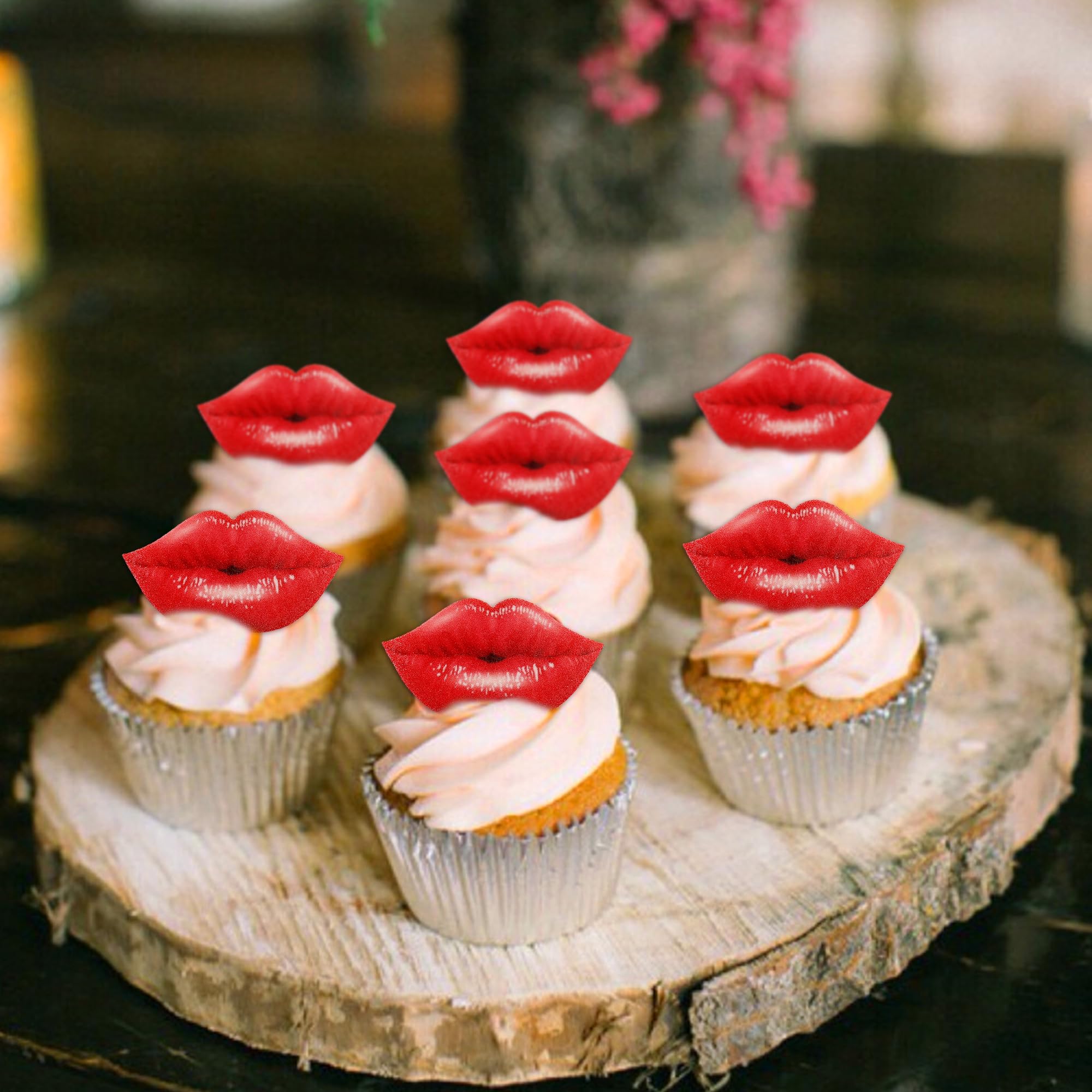 Ercadio edible wafer toppers with red lip design on cupcakes
