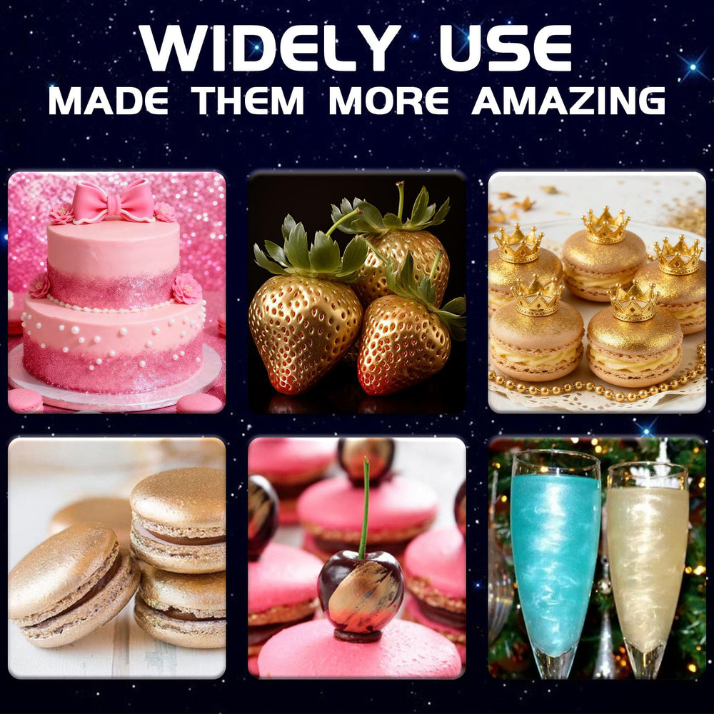 ERCorArt edible glitter spray in action on fondant, chocolate, and fruit platters.