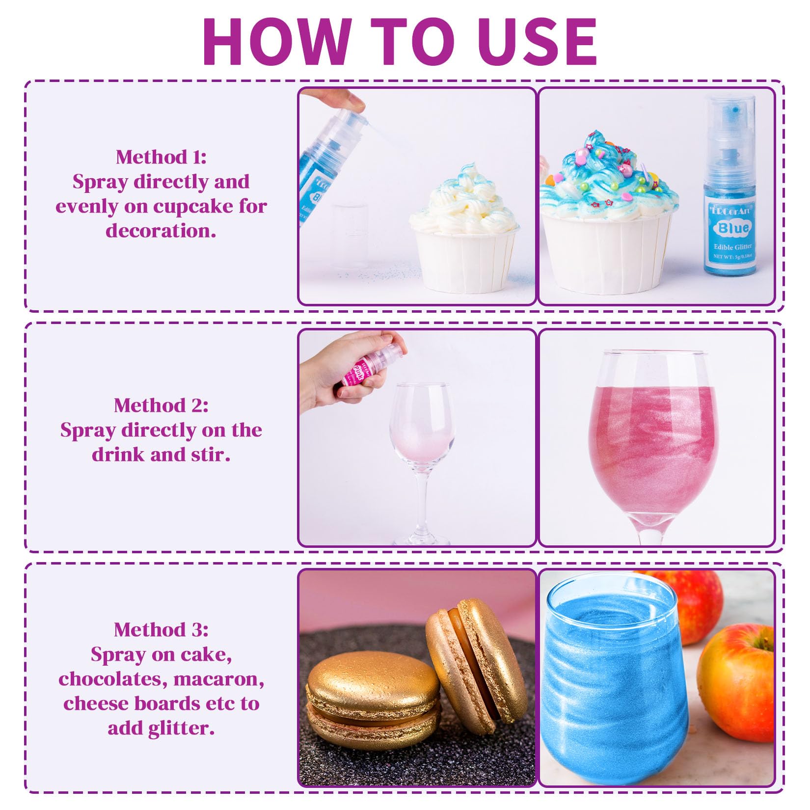 ERCorArt edible glitter spray blue bottle delivers vibrant color for cocktails and treats.
